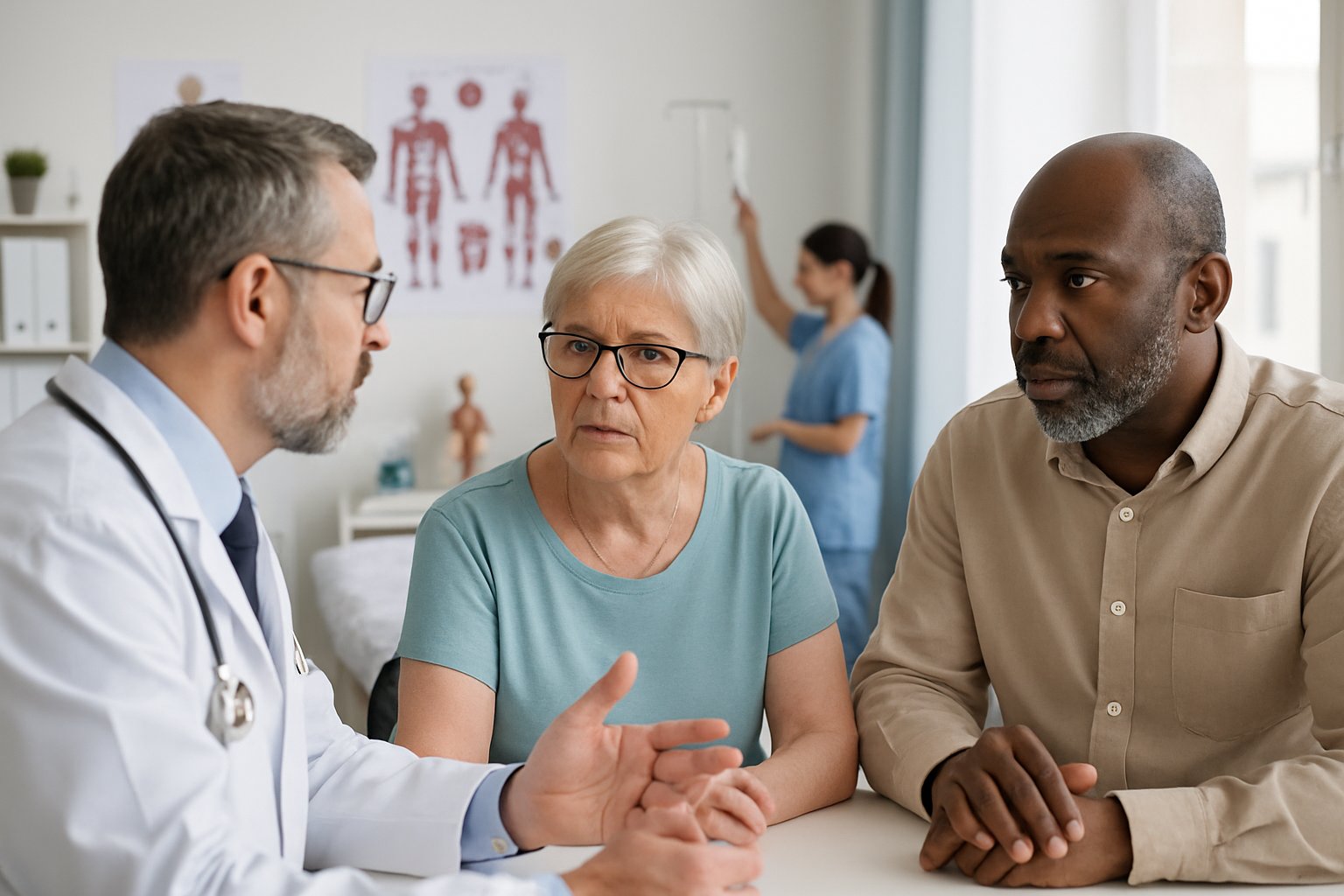 v2-12yzbv-noefk - Preventive Medicine Daily A doctor consulting with an elderly woman and a middle-aged man in a medical setting while a nurse prepares equipment nearby.