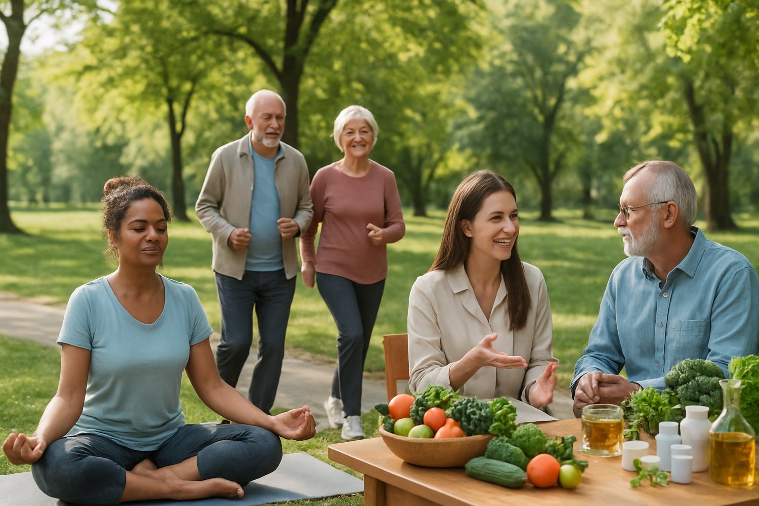 v2-12yzdg-konvw - Preventive Medicine Daily A diverse group of middle-aged and elderly people exercising, consulting about nutrition, and enjoying healthy foods outdoors in a sunny park.