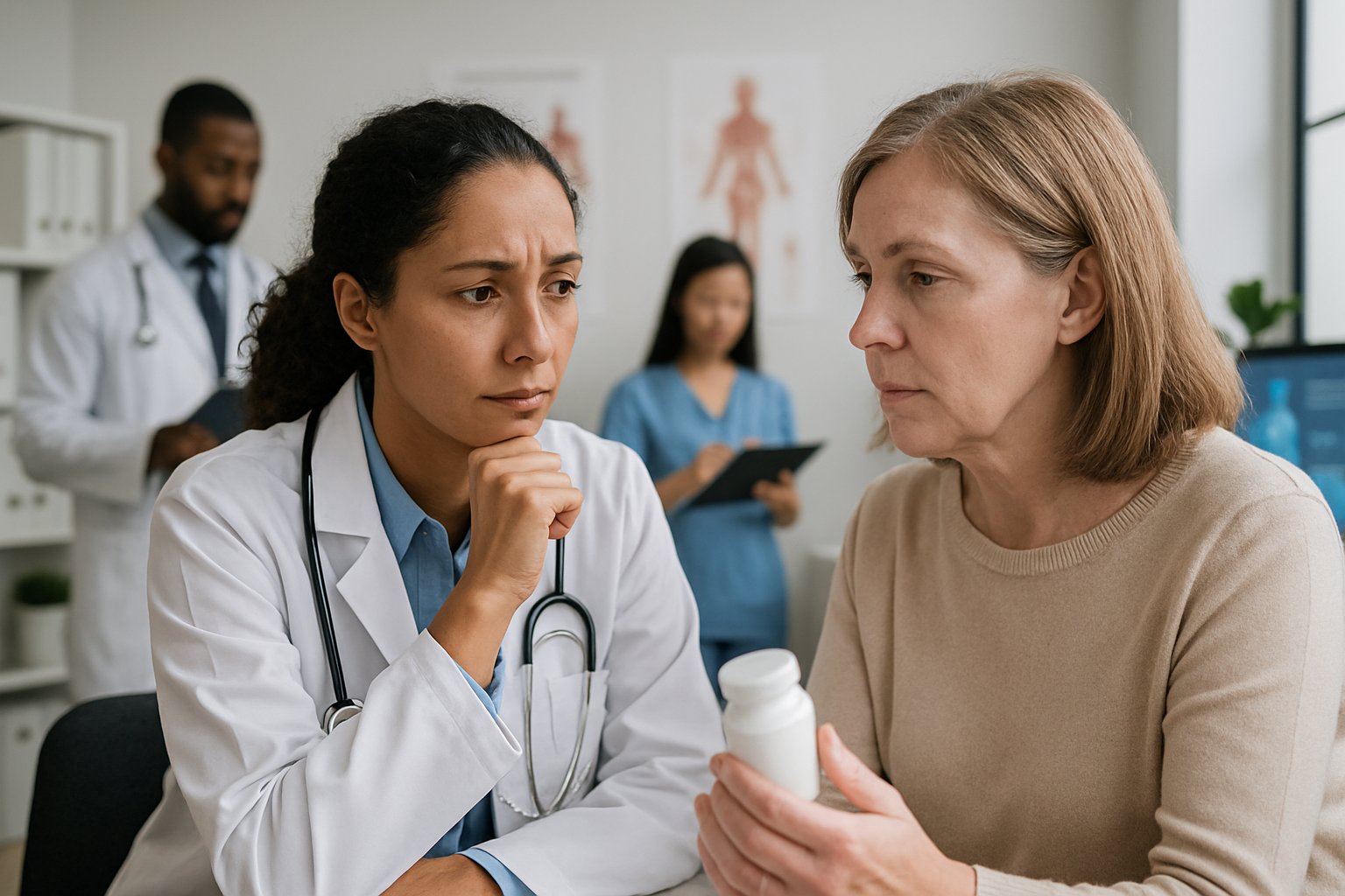 v2-12yze5-p6jrk - Preventive Medicine Daily A female doctor consulting with a middle-aged patient in a modern medical office, discussing health concerns.