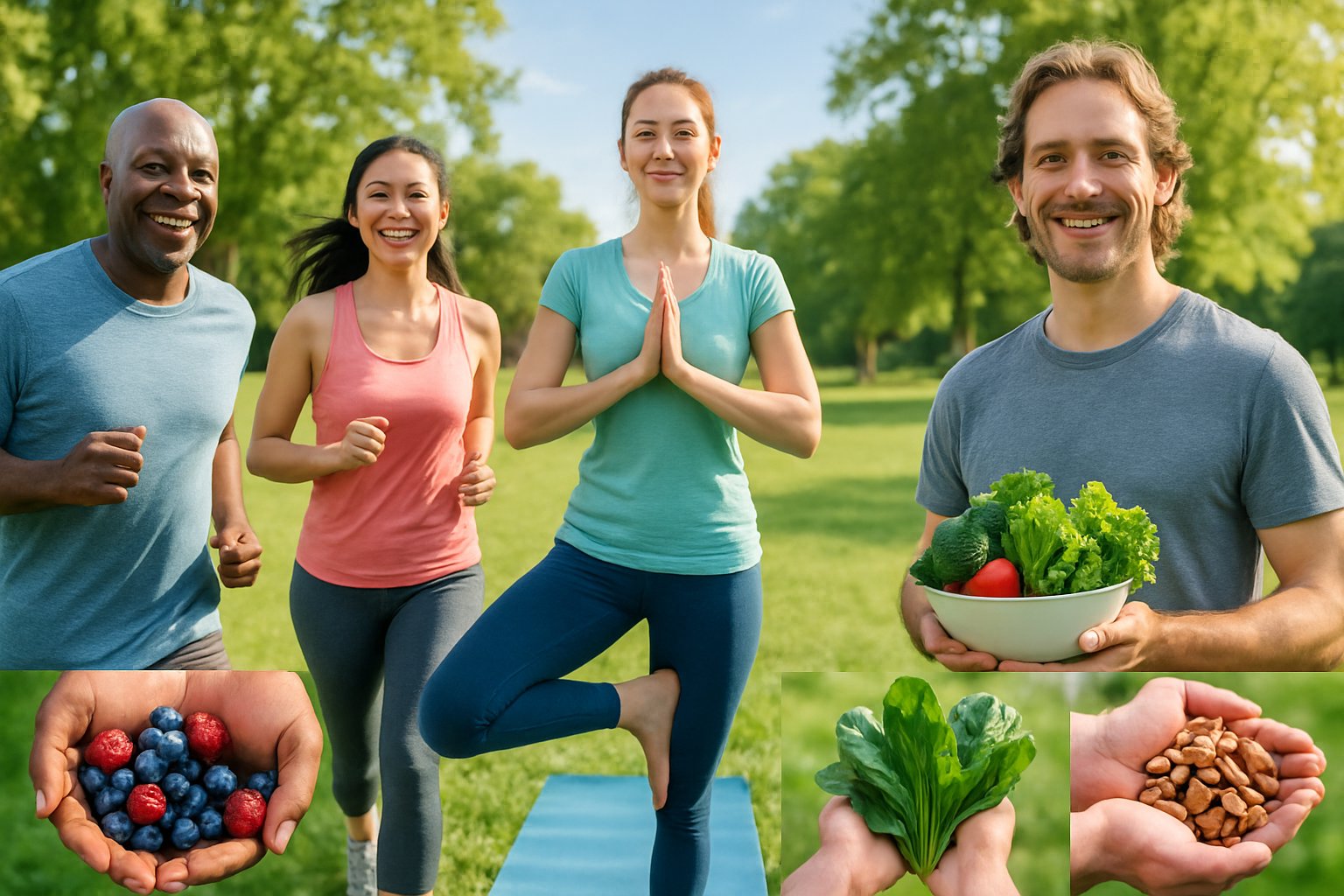 v2-12z7w7-ajo65 - Preventive Medicine Daily People exercising and eating fresh fruits and vegetables outdoors in a sunny park.