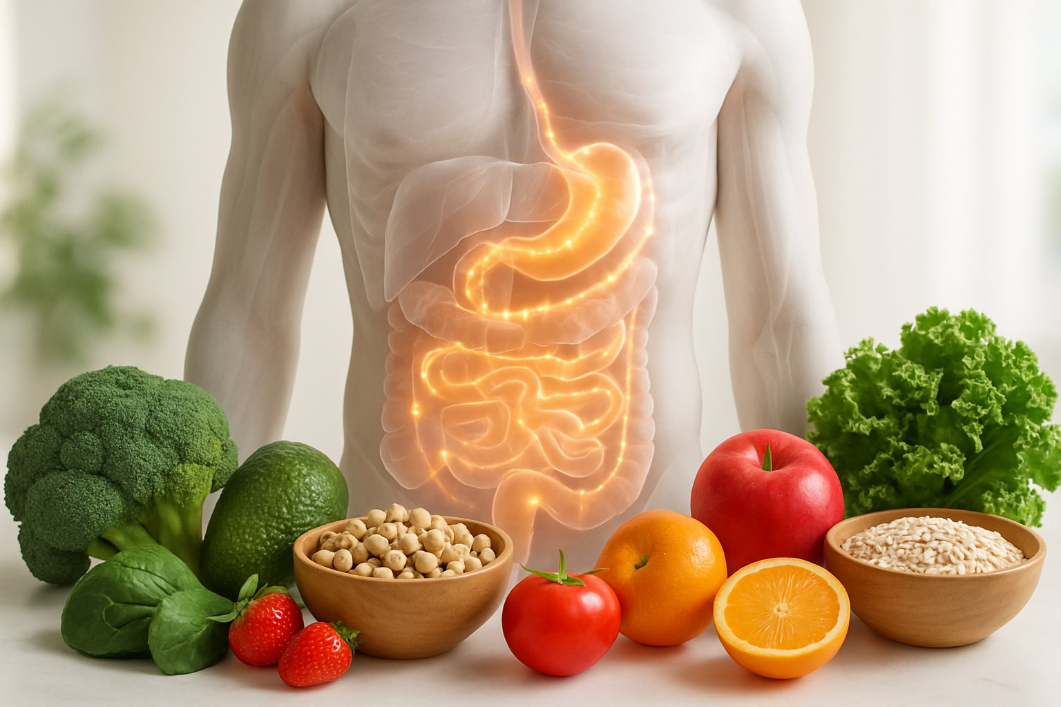 v2-12z7wx-i21co - Preventive Medicine Daily A human torso showing the digestive system with glowing pathways, surrounded by fresh fruits and vegetables representing natural ways to support hormone function.