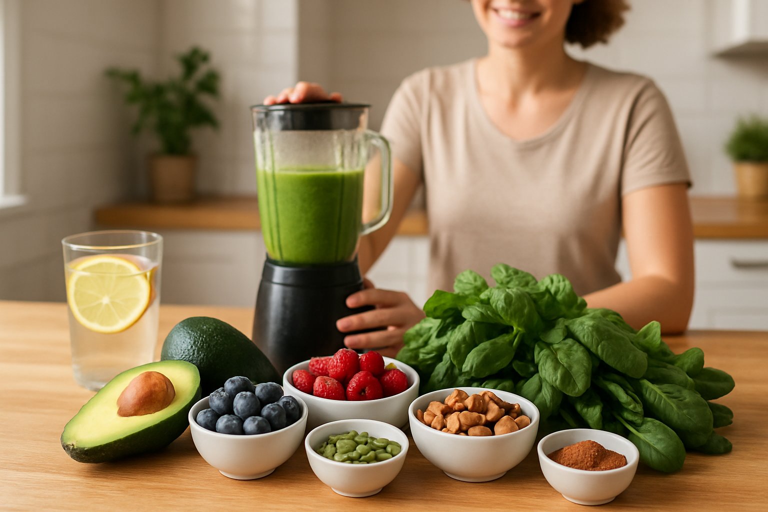 natural glp-1 - Preventive Medicine Daily A person preparing a healthy smoothie in a kitchen with fresh fruits, vegetables, nuts, and spices displayed on the countertop.