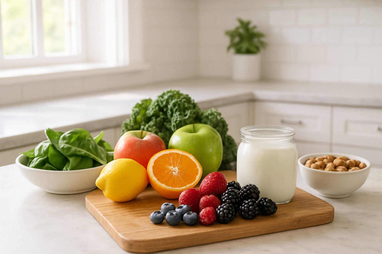 v2-12z7yw-js3bb - Preventive Medicine Daily A kitchen countertop with fresh fruits, leafy greens, yogurt, and nuts arranged on a wooden cutting board near a window.