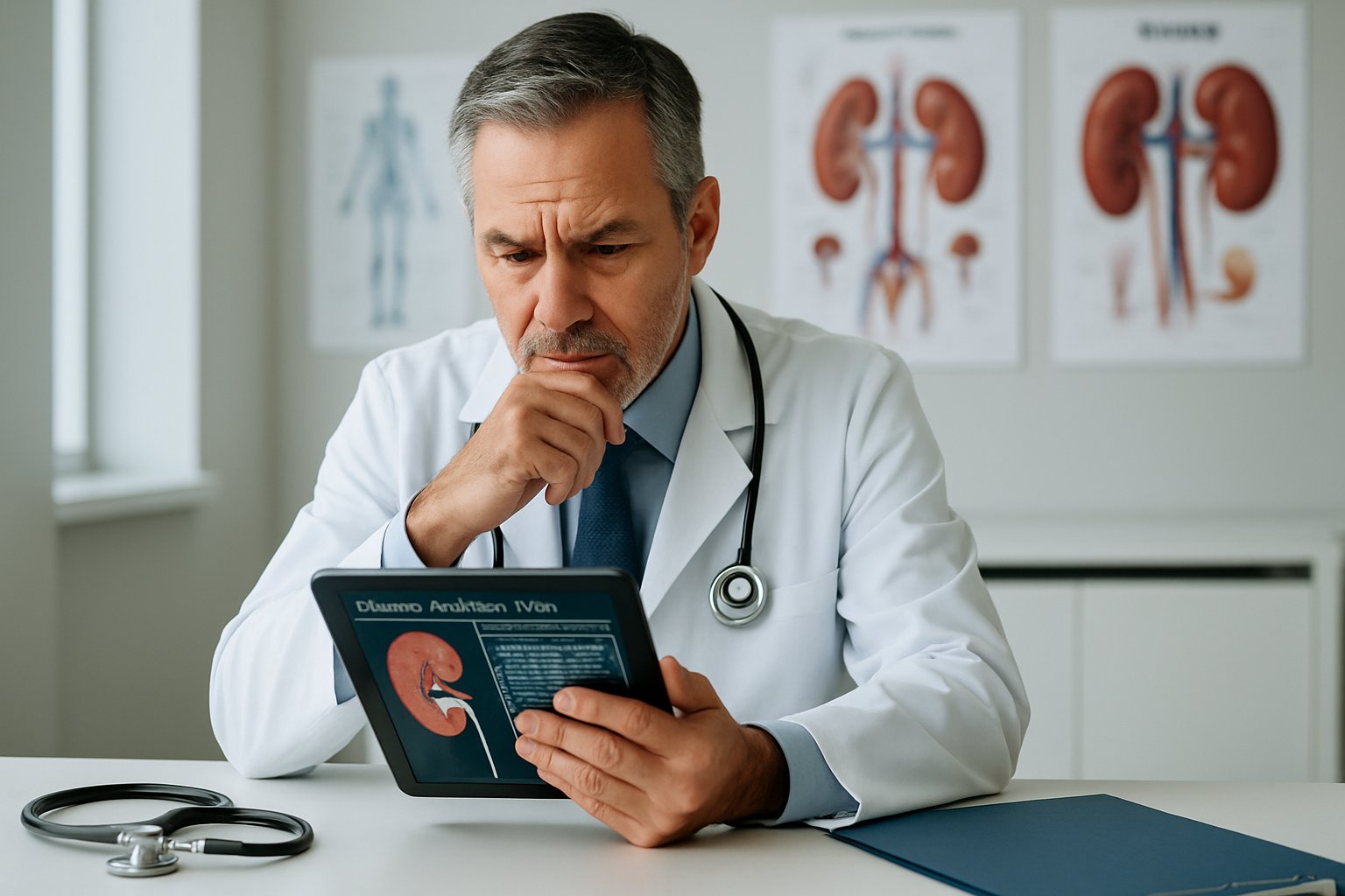 v2-12z8m0-fgy01 - Preventive Medicine Daily A doctor reviewing kidney test results in a medical office, looking thoughtful and focused.