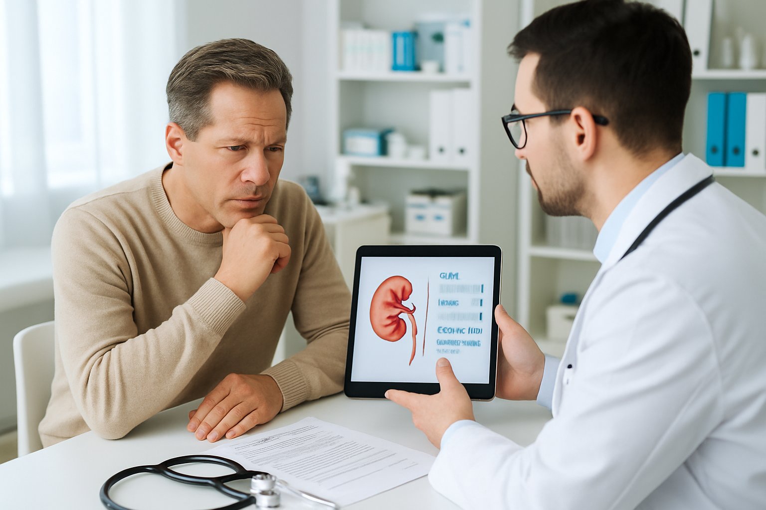 v2-12z8mn-on8wg - Preventive Medicine Daily A patient talks with a doctor in a medical office, looking concerned while the doctor explains information using a tablet.