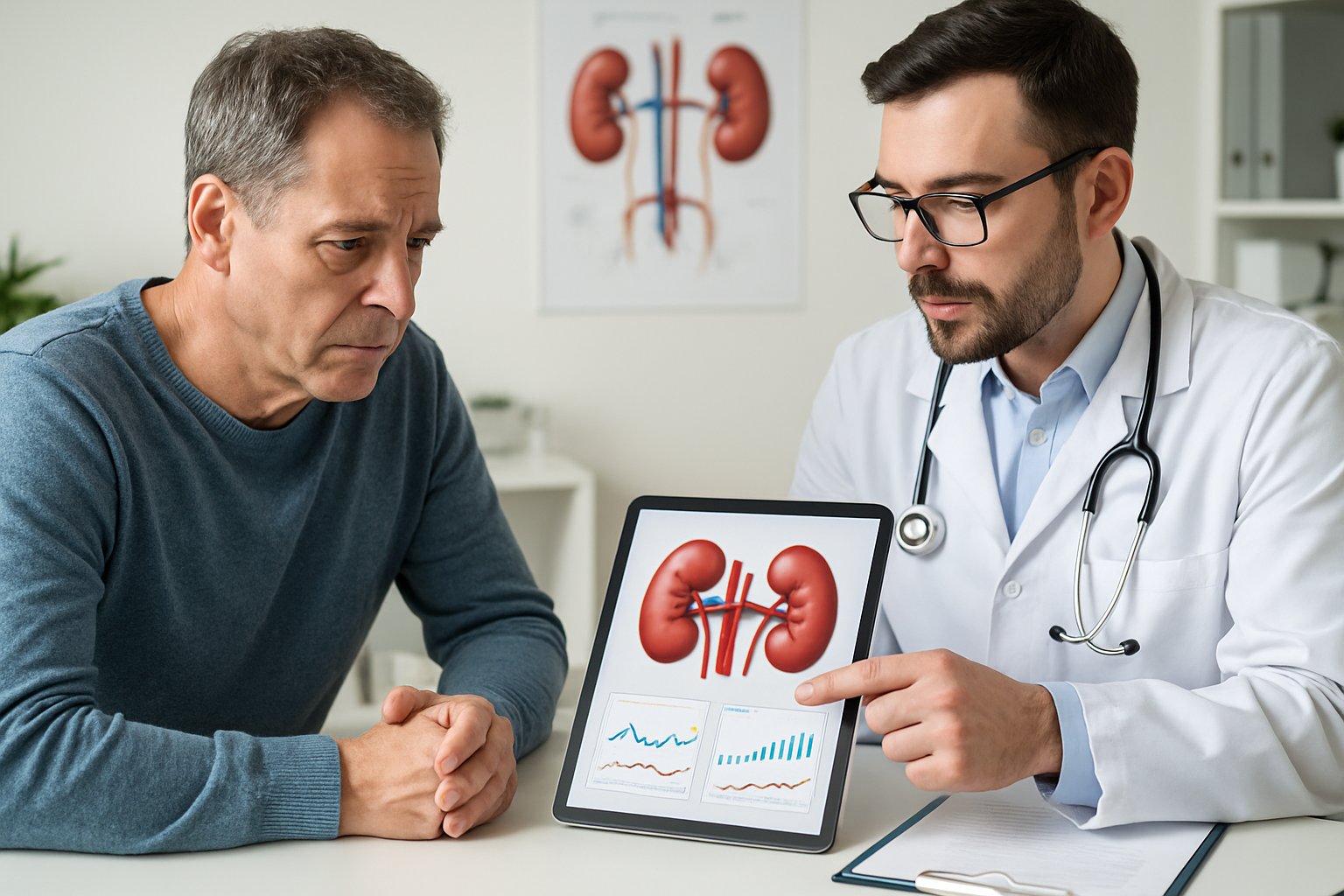 v2-12z8ng-vthjc - Preventive Medicine Daily A doctor explaining kidney health test results to a concerned patient in a medical office.