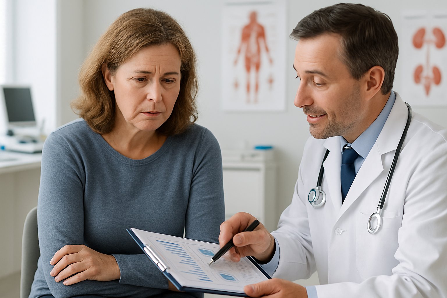 bun/creatinine ratio high - Preventive Medicine Daily A woman in a medical office talking with a doctor who is showing her lab results on a clipboard.