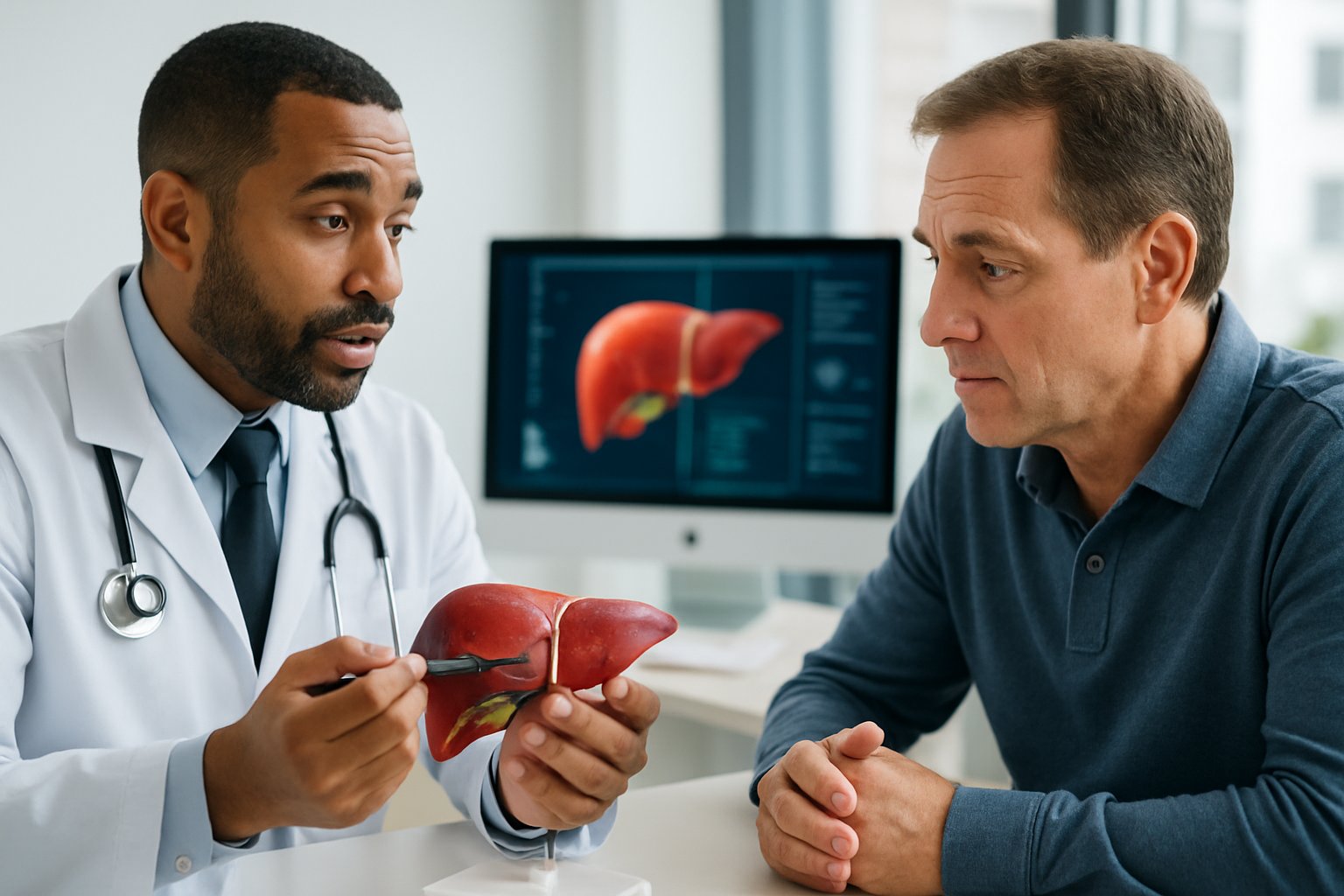 high bilirubin - Preventive Medicine Daily A doctor explains liver anatomy to a patient using a liver model in a medical office.