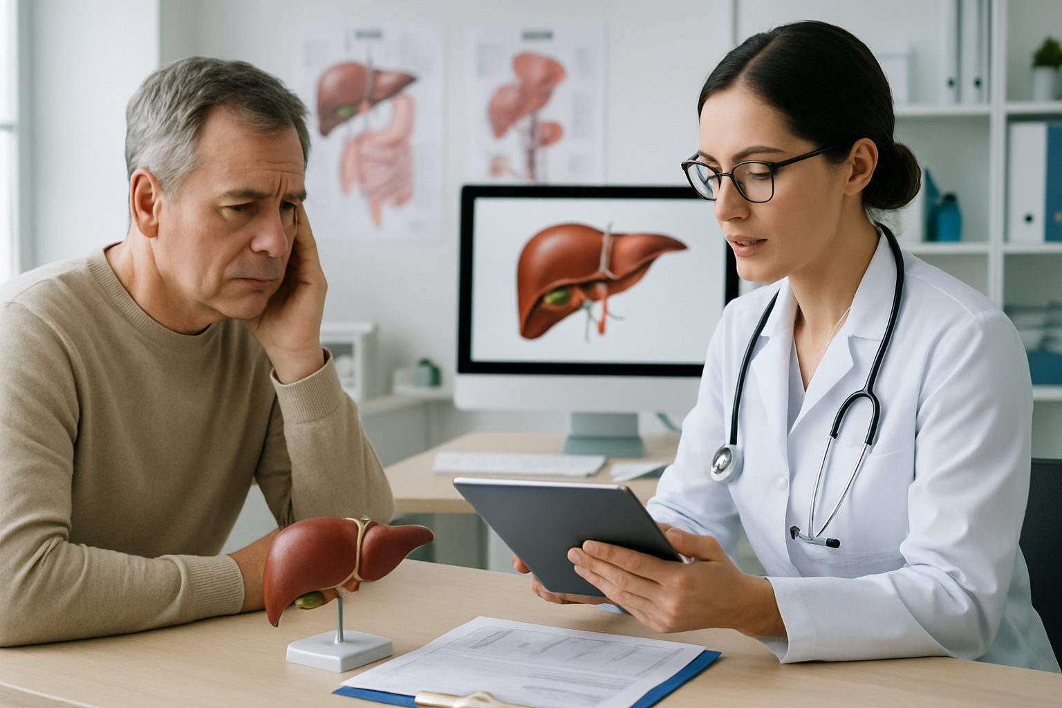 v2-12z9ij-gcv47 - Preventive Medicine Daily A doctor and patient discussing liver health with medical charts and a liver model on the desk in a clinic.