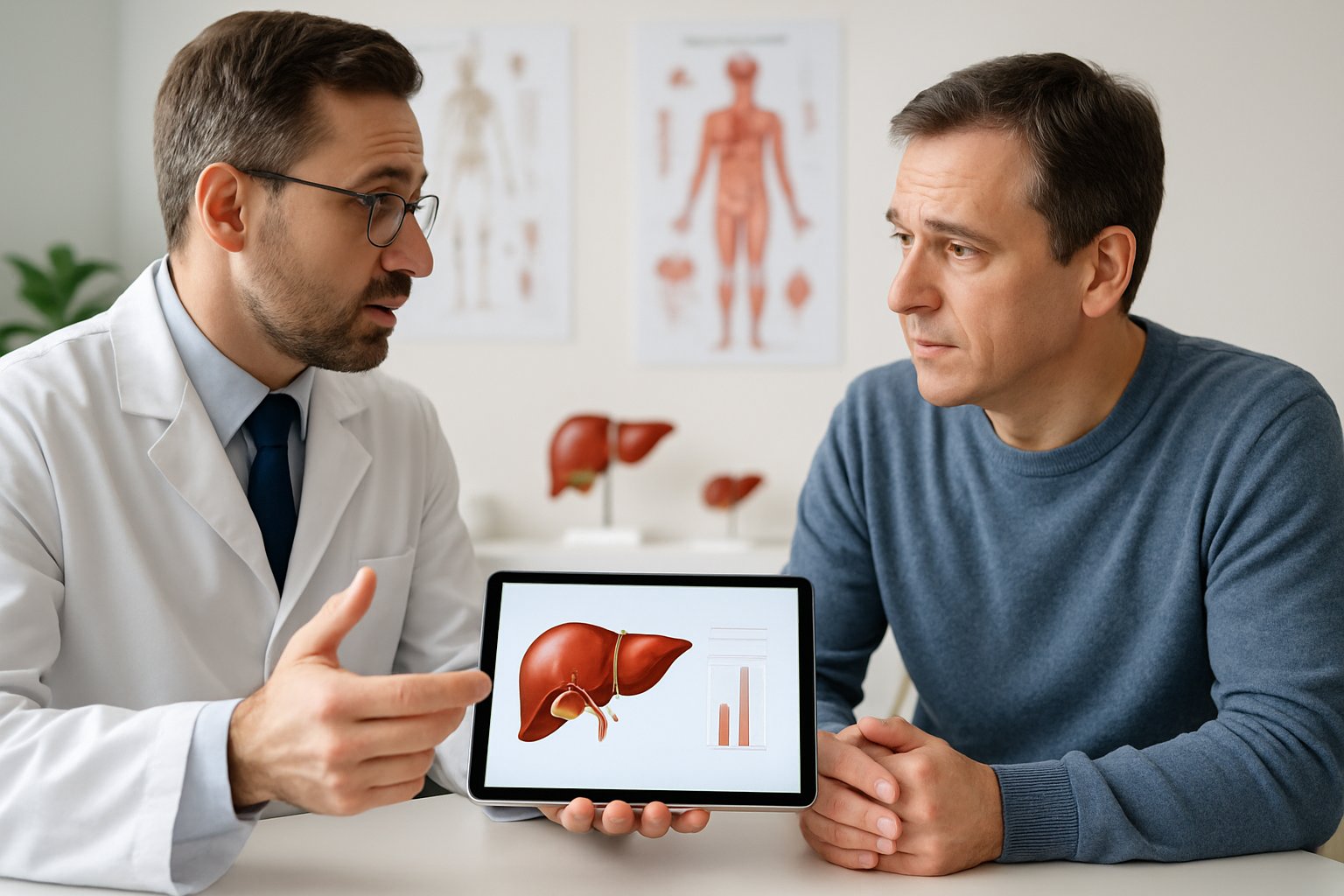 v2-12z9jh-kgmb2 - Preventive Medicine Daily Doctor explaining liver anatomy to a patient during a medical consultation in a clinic.