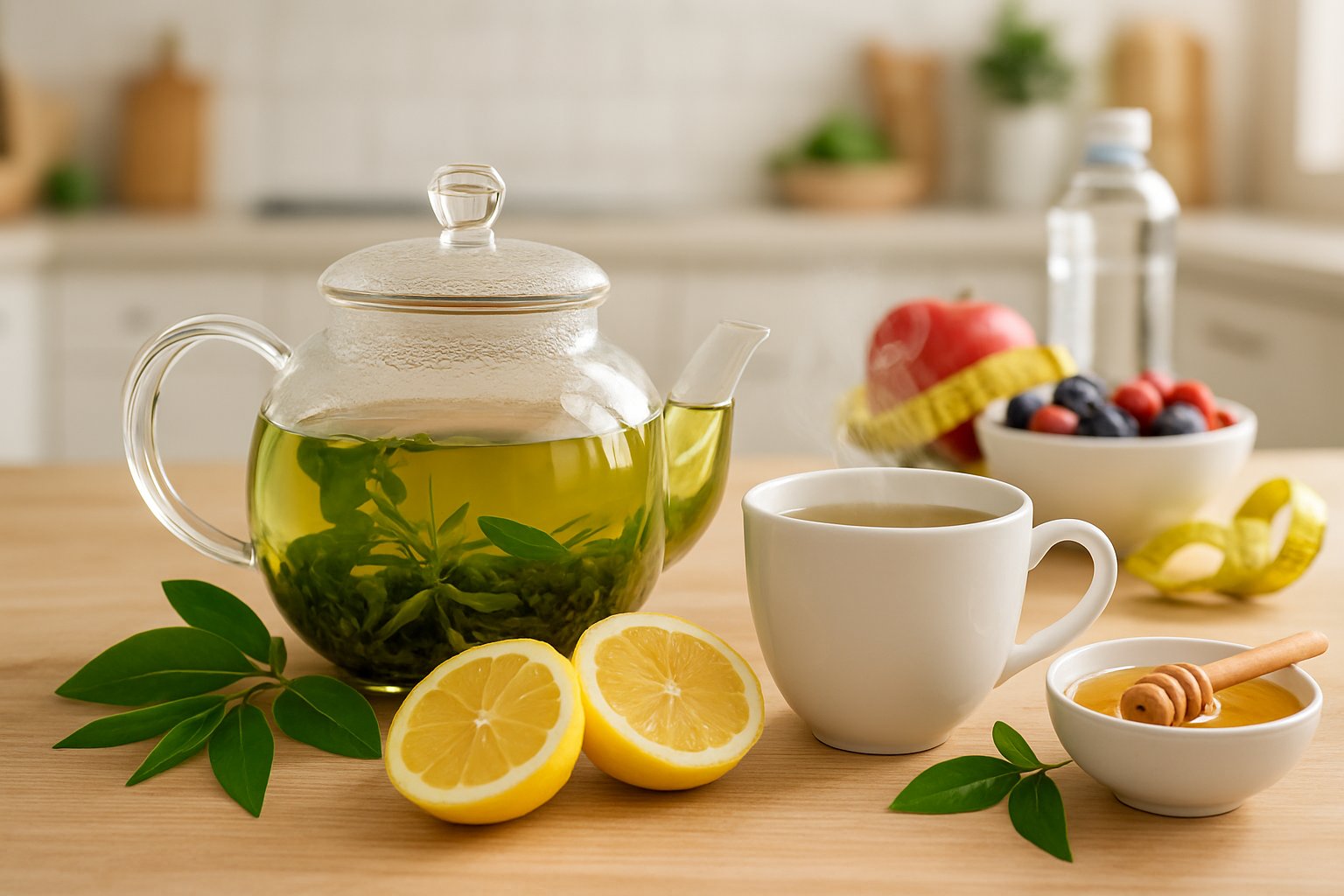 v2-12z9zs-6qzgc - Preventive Medicine Daily A steaming cup of green tea with a glass teapot, fresh tea leaves, lemon slices, and honey on a wooden table in a bright kitchen.