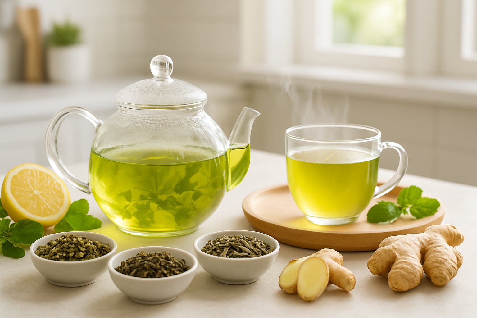 v2-12za0f-syenp - Preventive Medicine Daily A kitchen scene with a glass teapot of steaming green tea, bowls of loose tea leaves, lemon slices, ginger, and mint leaves arranged on a wooden tray.