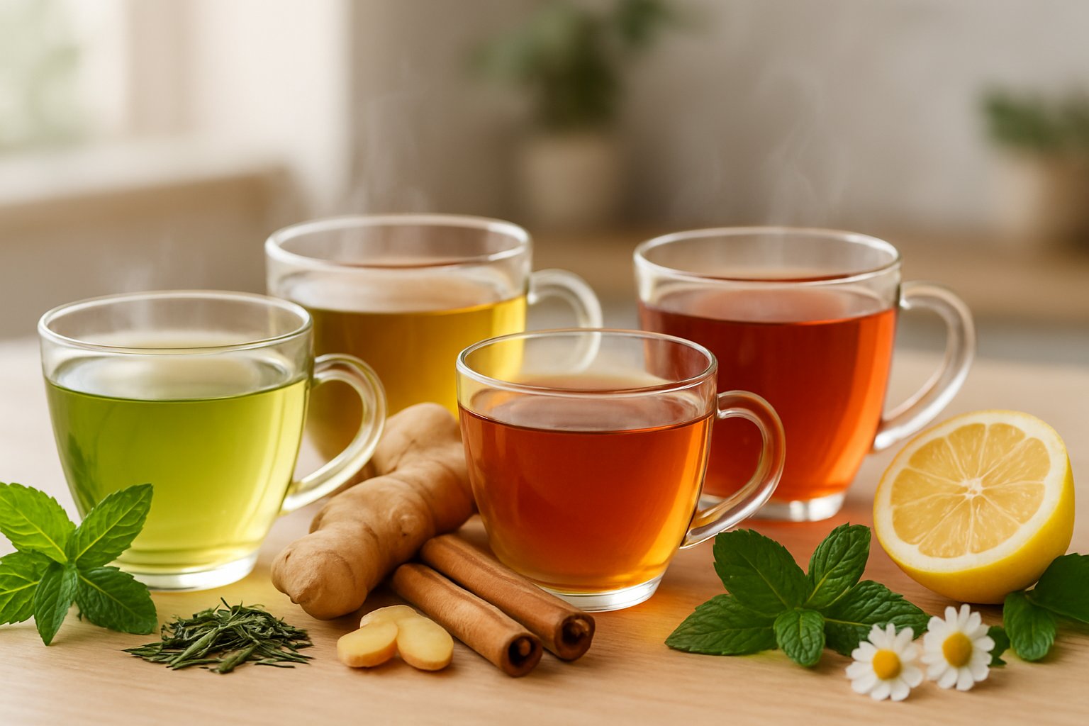slimming tea - Preventive Medicine Daily A table with several glass cups of steaming herbal teas surrounded by fresh herbs and ingredients like ginger, lemon, cinnamon, and mint.