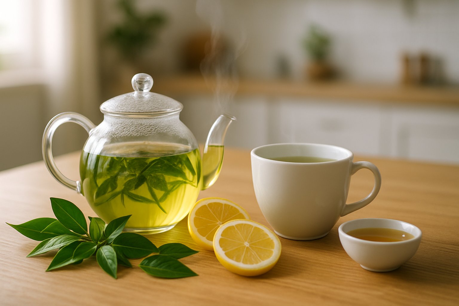 v2-12za2g-0ayd6 - Preventive Medicine Daily A glass teapot and a cup of steaming green tea on a wooden table with fresh tea leaves, lemon slices, and honey nearby.