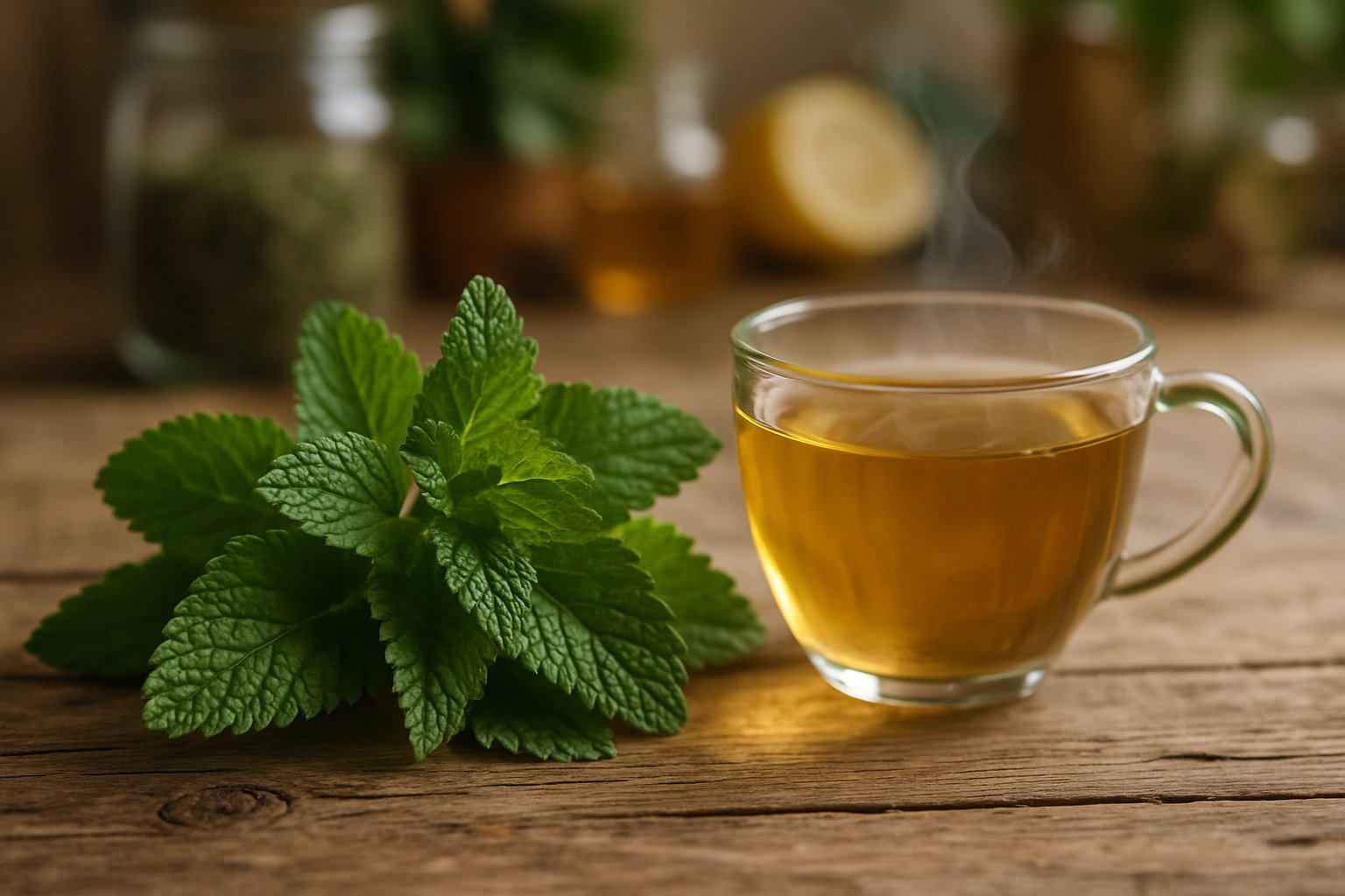 v2-12zfu8-mwzom - Preventive Medicine Daily Close-up of fresh lemon balm leaves next to a steaming cup of lemon balm herbal tea on a wooden table with a blurred background of jars and natural ingredients.