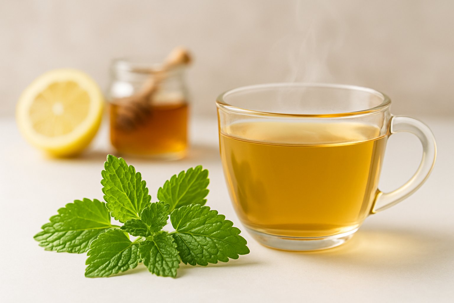 lemon balm - Preventive Medicine Daily Fresh lemon balm leaves next to a steaming cup of lemon balm tea with honey and lemon in the background.