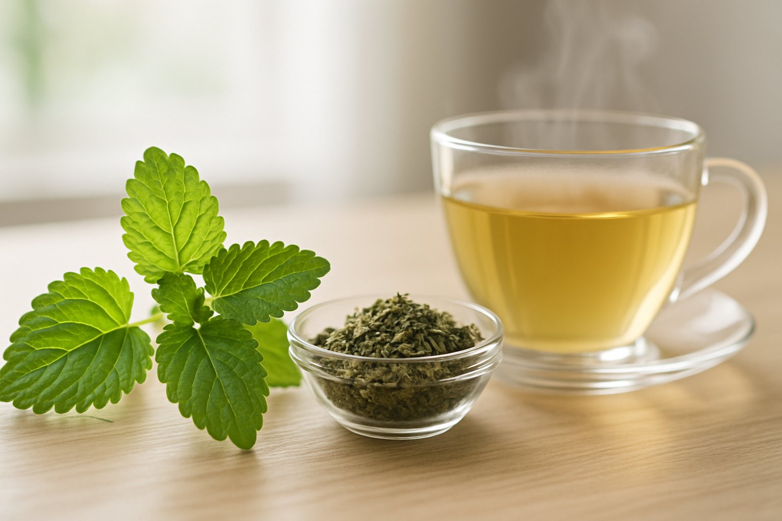 v2-12zfvs-szogq - Preventive Medicine Daily Close-up of fresh lemon balm leaves, dried herbs in a bowl, and a steaming cup of lemon balm tea on a wooden table with soft natural light.
