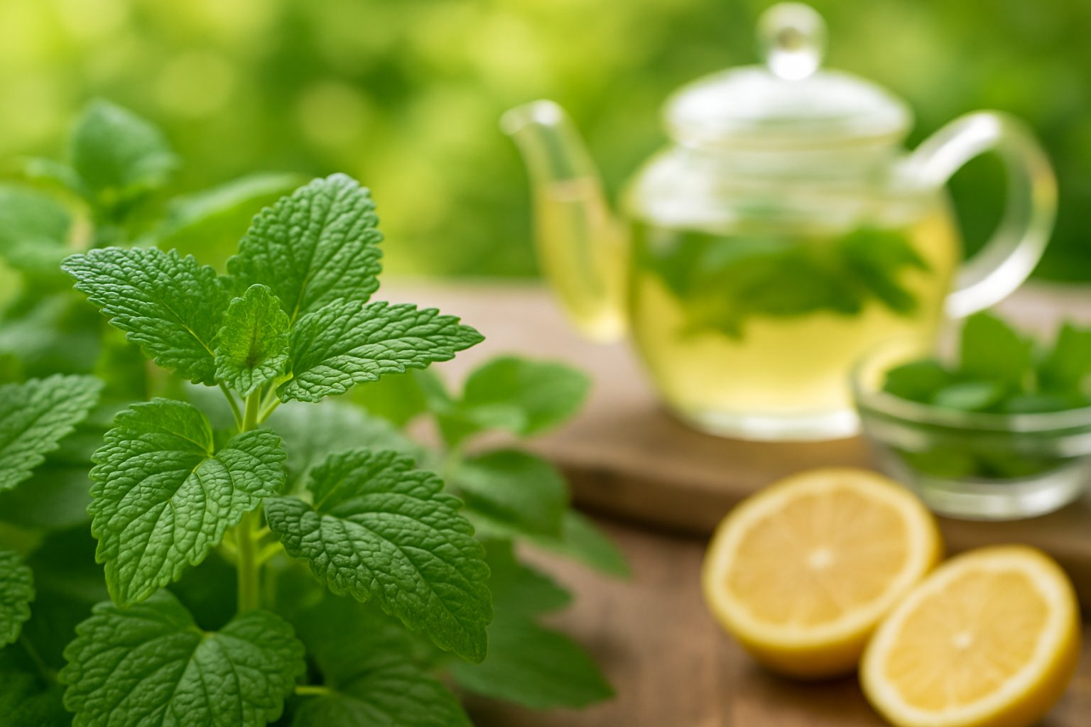 v2-12zfwi-eot1c - Preventive Medicine Daily Close-up of fresh lemon balm leaves with a glass teapot of lemon balm tea and lemon slices on a wooden table.