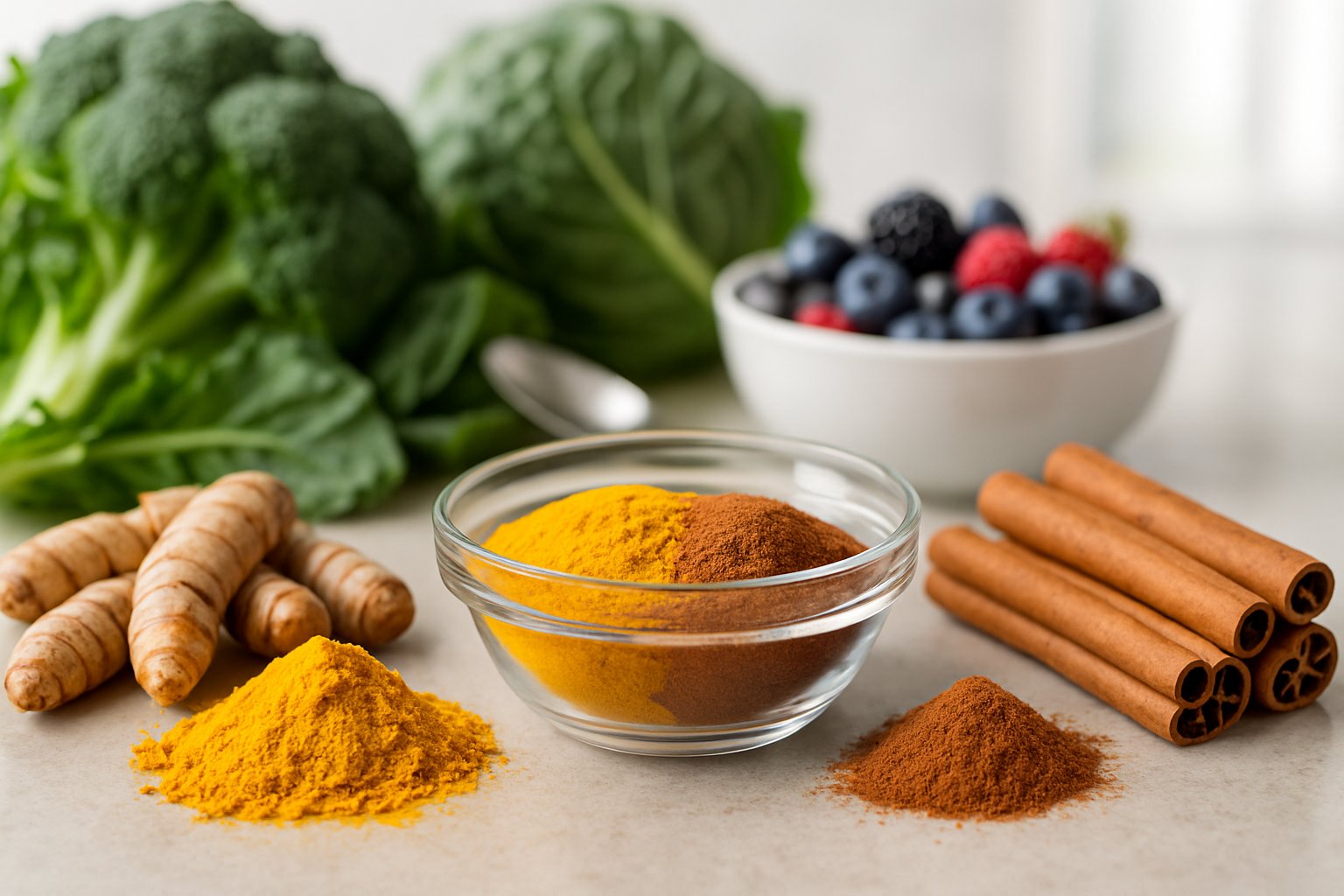A kitchen countertop displaying fresh turmeric roots, turmeric powder, cinnamon sticks, and ground cinnamon with healthy foods nearby.