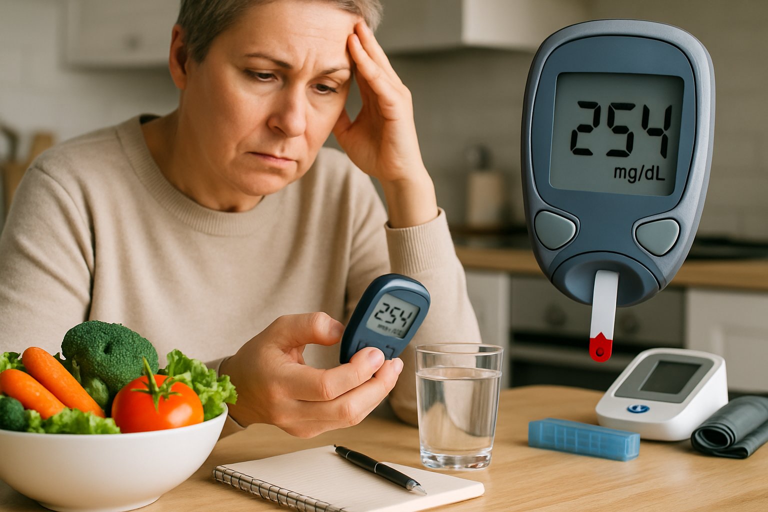v2-1314l3-jly8q - Preventive Medicine Daily A person sitting at a kitchen table looking at a glucometer showing a high blood sugar reading with healthy foods and medical items nearby.
