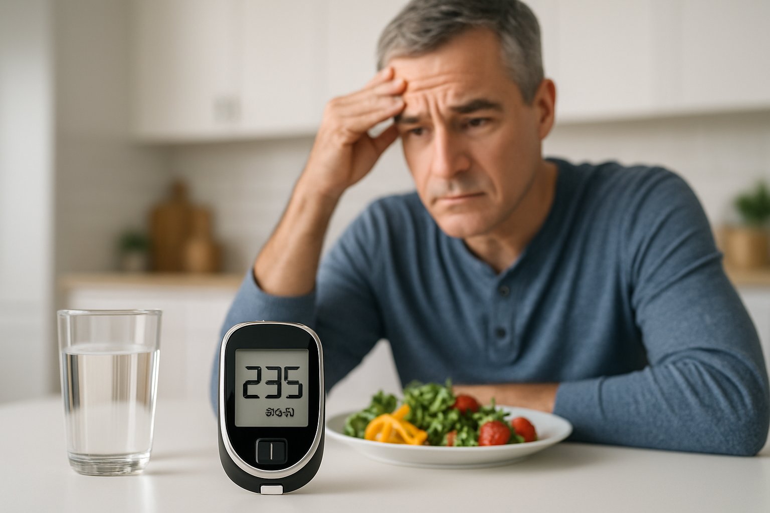v2-1314lt-xso9r - Preventive Medicine Daily A middle-aged adult sitting at a kitchen table looking at a blood glucose meter showing a high reading, with a glass of water and healthy food nearby.