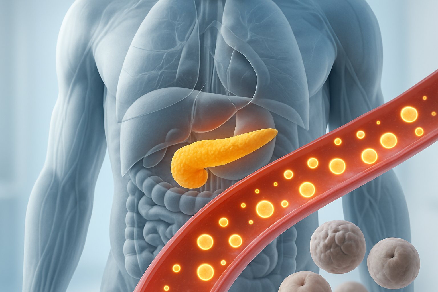 v2-1314mq-cdlp2 - Preventive Medicine Daily A human torso showing internal organs with glowing glucose molecules in the bloodstream and stressed cells, highlighting the effects of high blood sugar.