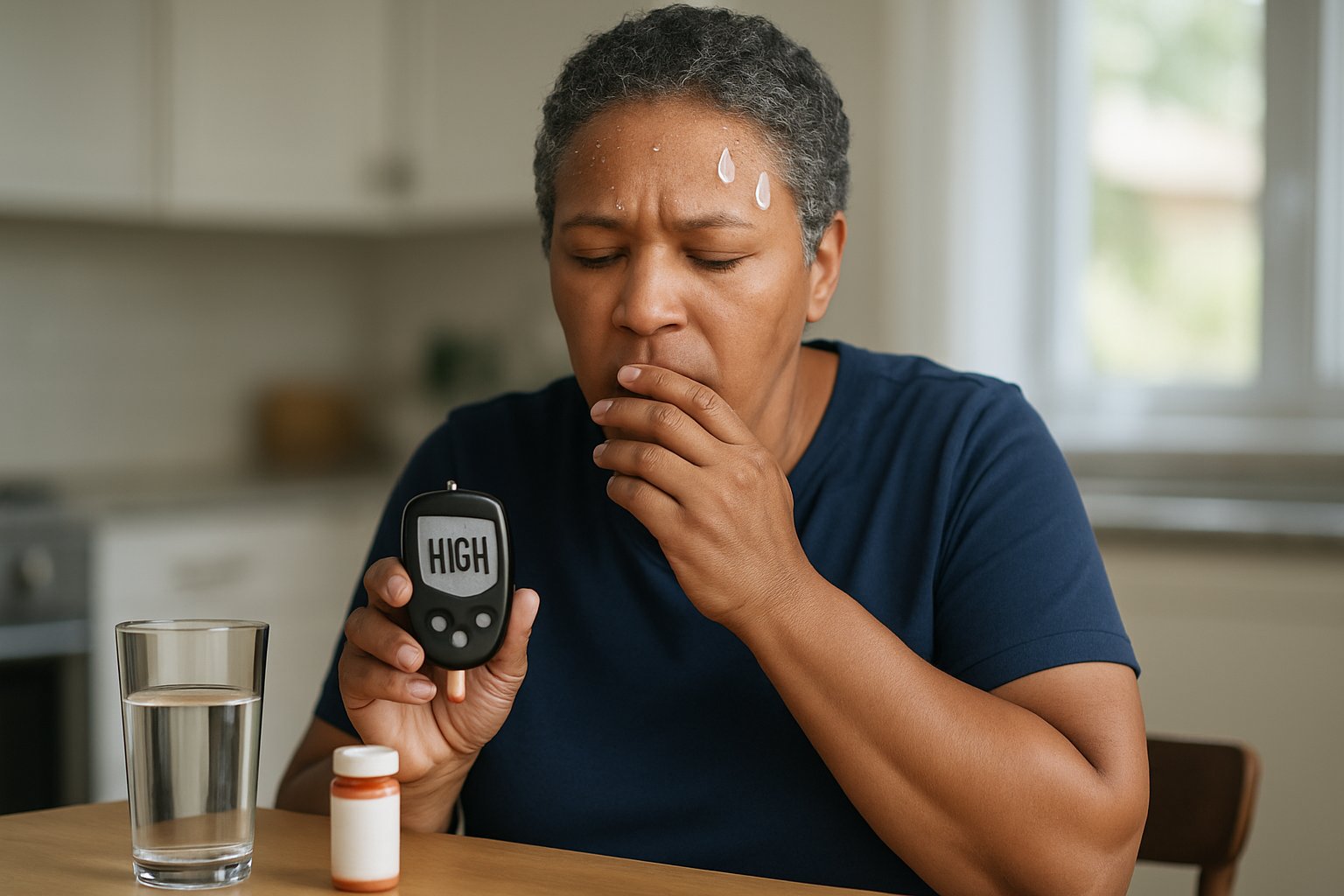 v2-1314nk-zw90r - Preventive Medicine Daily A middle-aged person sitting at a kitchen table looking concerned while holding a glucose meter, with a glass of water and medication nearby.