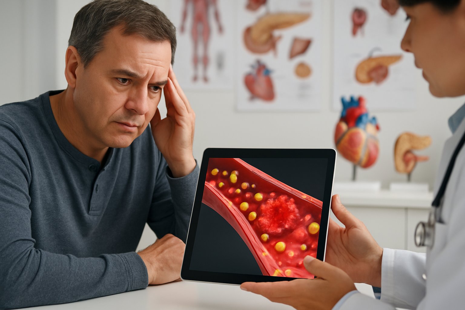 v2-1314oe-yu4ht - Preventive Medicine Daily A person in a doctor's office listening to a healthcare professional explaining blood sugar complications using a digital tablet showing blood vessels and glucose.