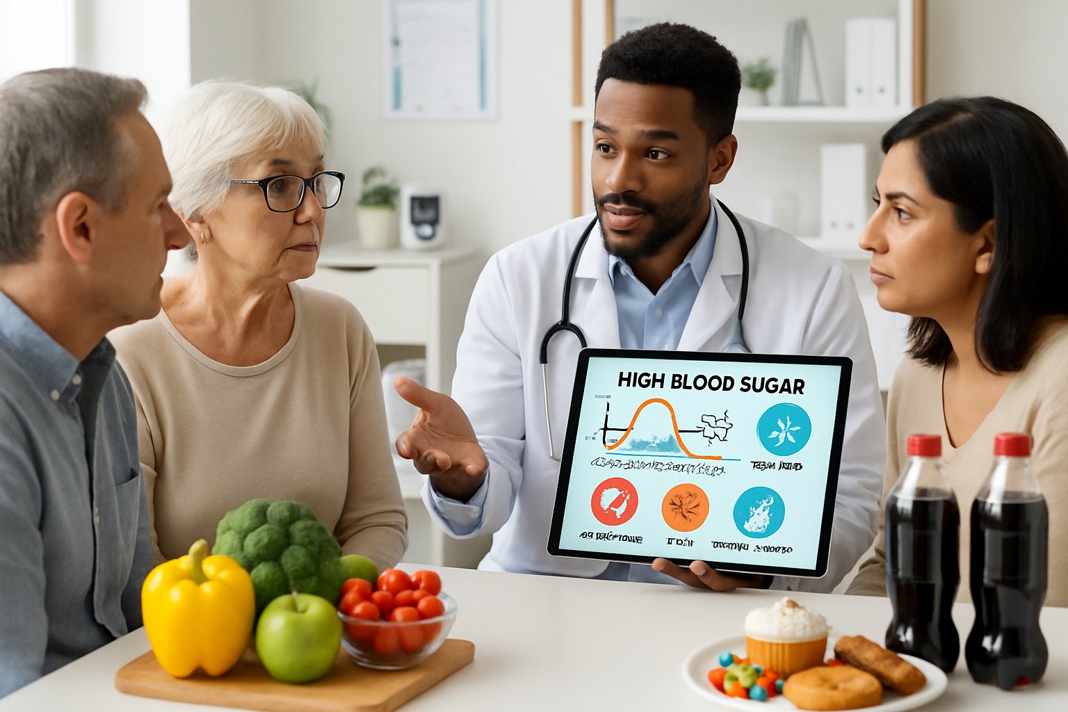 high blood sugar - Preventive Medicine Daily A doctor explains blood sugar causes to a group of adults in a medical consultation room with healthy and sugary foods on the table.