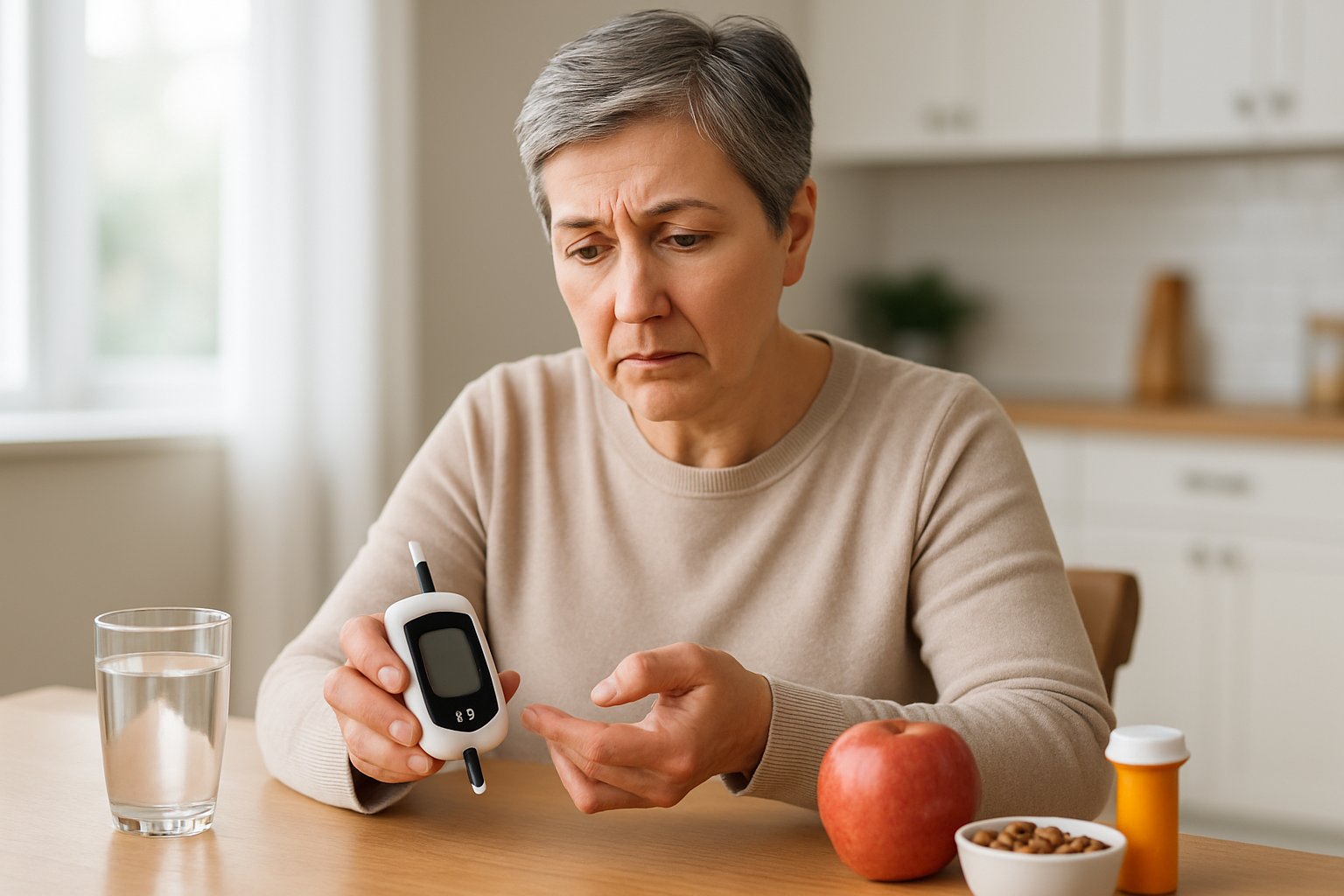 v2-1314re-bnu58 - Preventive Medicine Daily A person checking their blood sugar levels with a glucose meter at a kitchen table with a glass of water and healthy snack nearby.