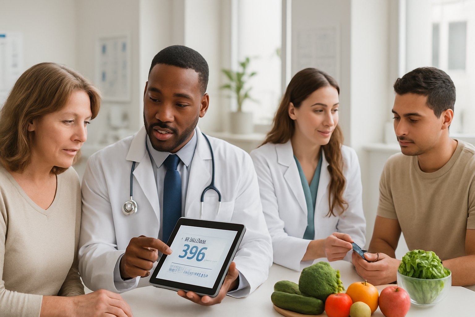 v2-1314sb-xresa - Preventive Medicine Daily Healthcare professionals and patients in a medical clinic discussing blood sugar management and prevention with digital devices and healthy foods.