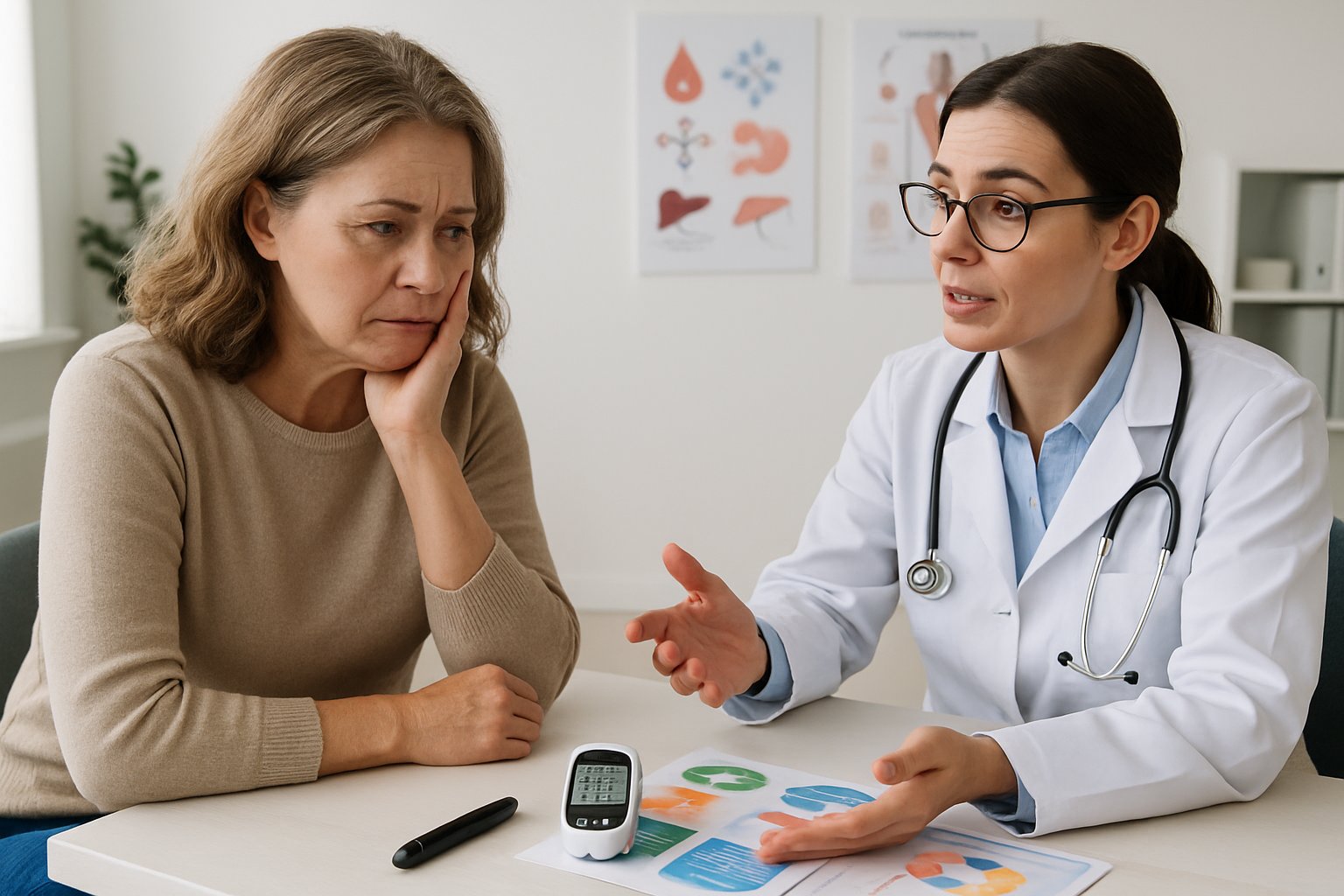v2-1314t5-avofb - Preventive Medicine Daily A woman talking with a doctor in a medical office, with a blood glucose monitor on the desk showing high levels.