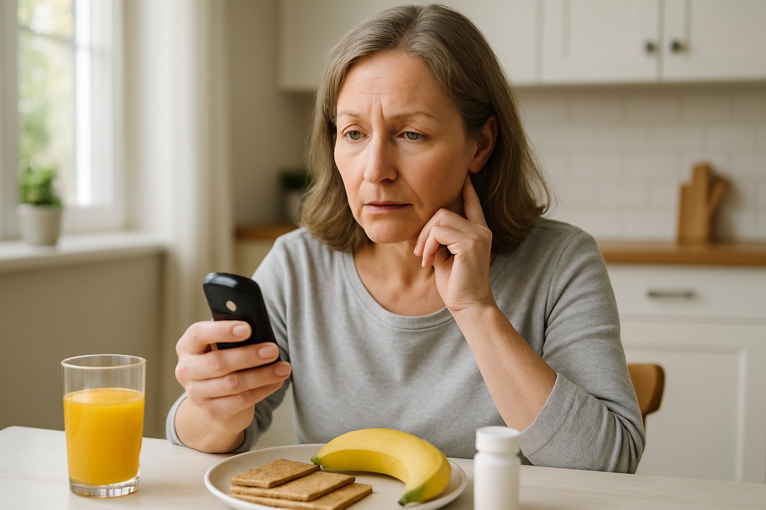 A woman sitting at a kitchen table holding a glucose meter with a glass of juice and snacks nearby.