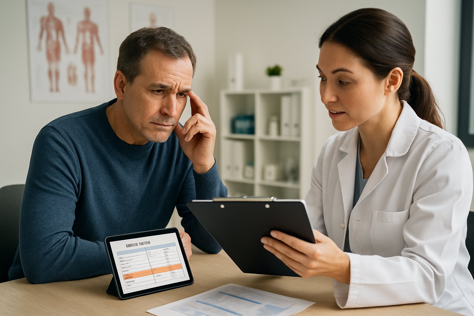 v2-13187o-jm7dn - Preventive Medicine Daily A man and a female doctor in a medical office reviewing a blood test report together.