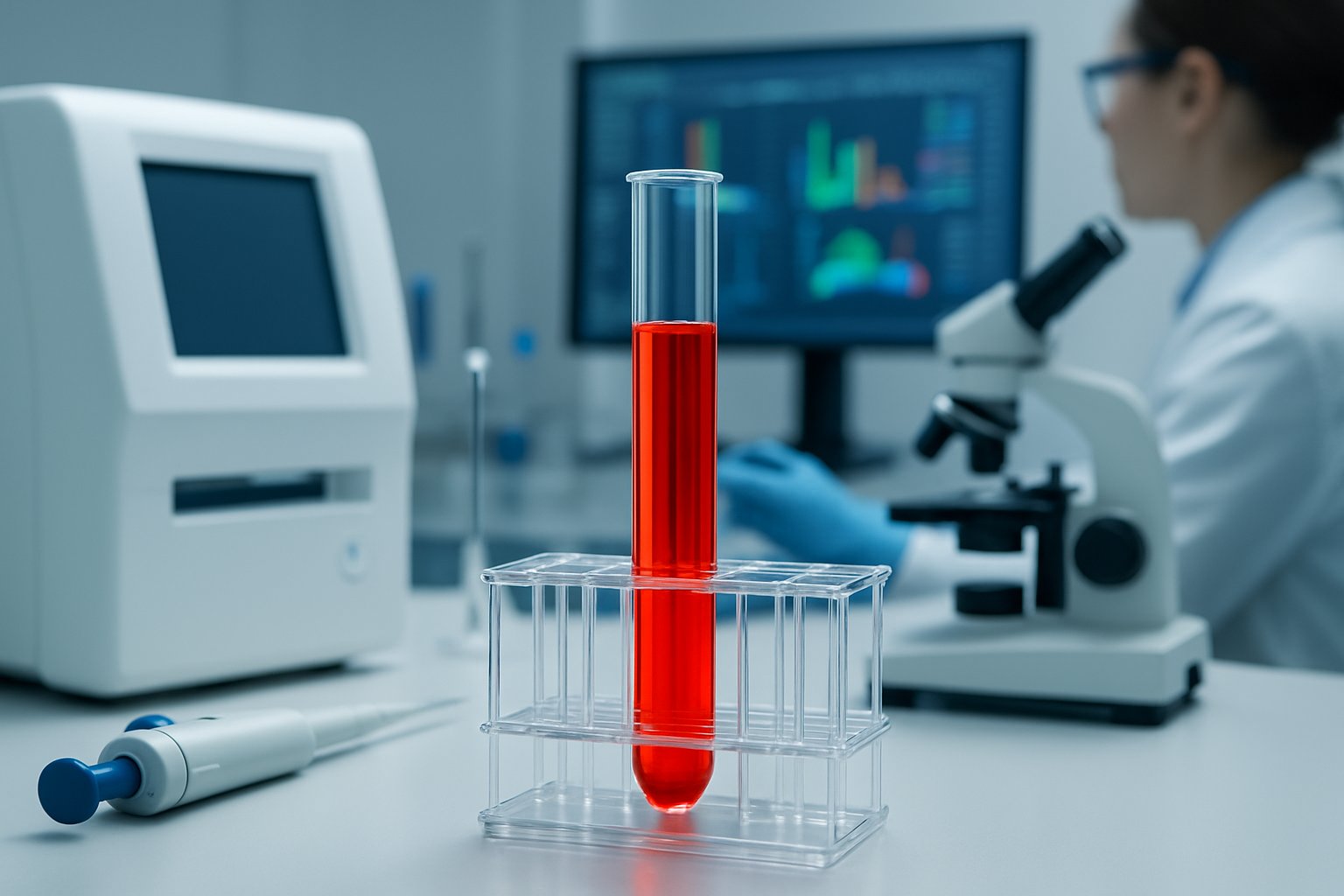 v2-13189c-7wbnh - Preventive Medicine Daily Close-up of a blood sample in a test tube on a lab bench with medical equipment and a healthcare professional analyzing data on a computer in the background.
