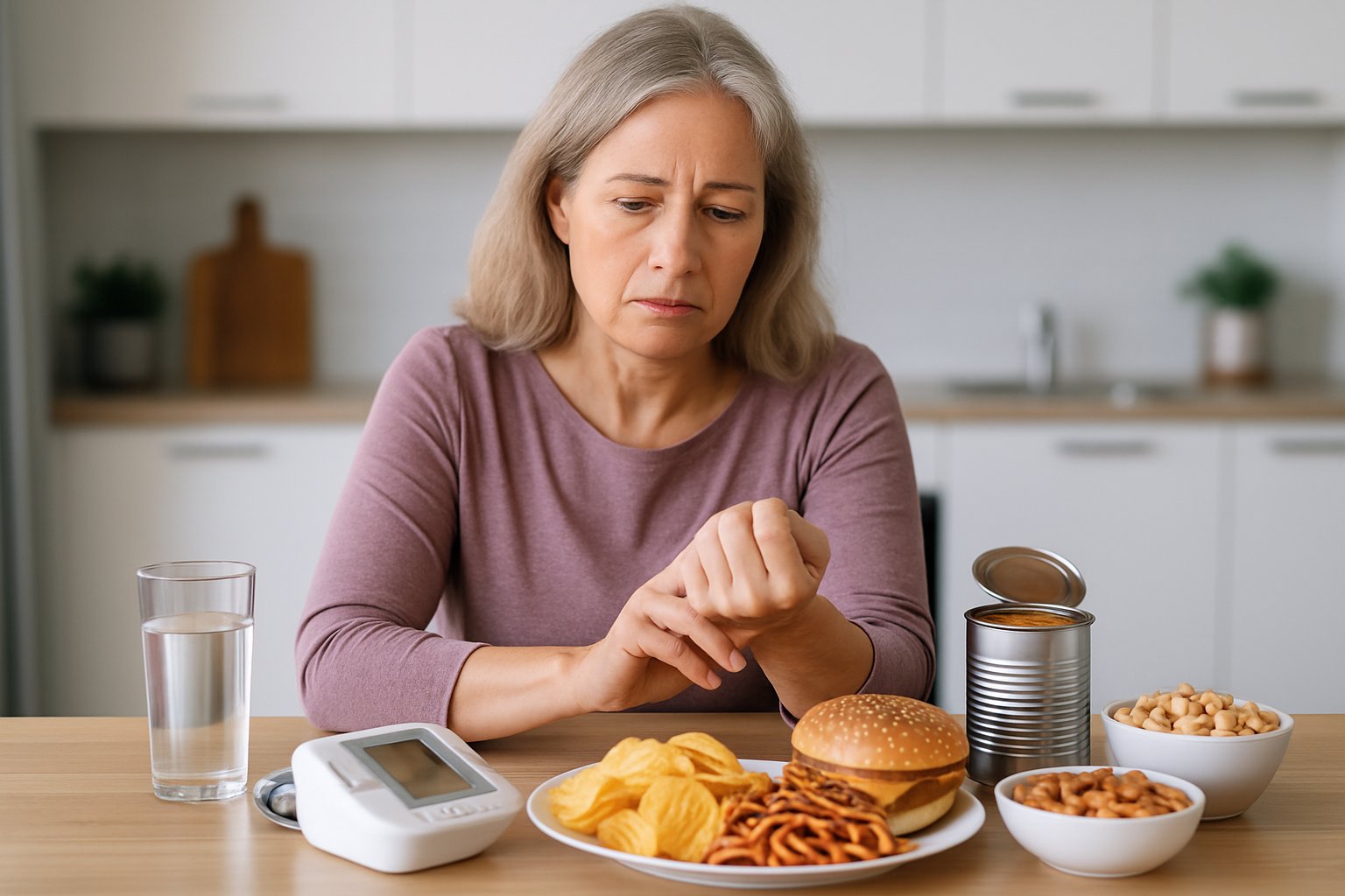 high sodium - Preventive Medicine Daily A middle-aged woman sitting at a kitchen table, checking her pulse with high-sodium foods and a blood pressure monitor nearby.