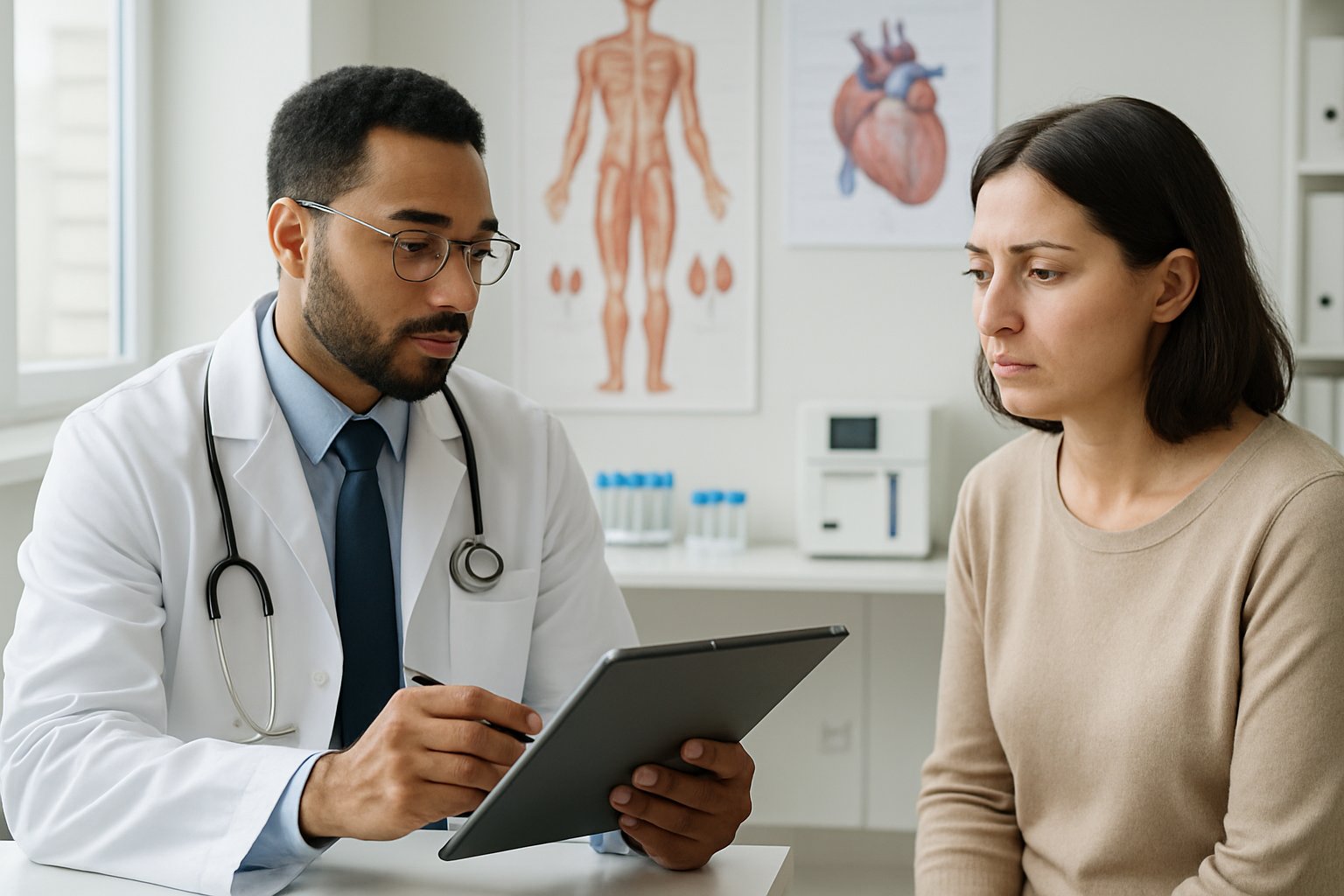 v2-1318b1-och33 - Preventive Medicine Daily A doctor reviewing blood test results with a patient in a medical office showing anatomical charts and lab equipment.