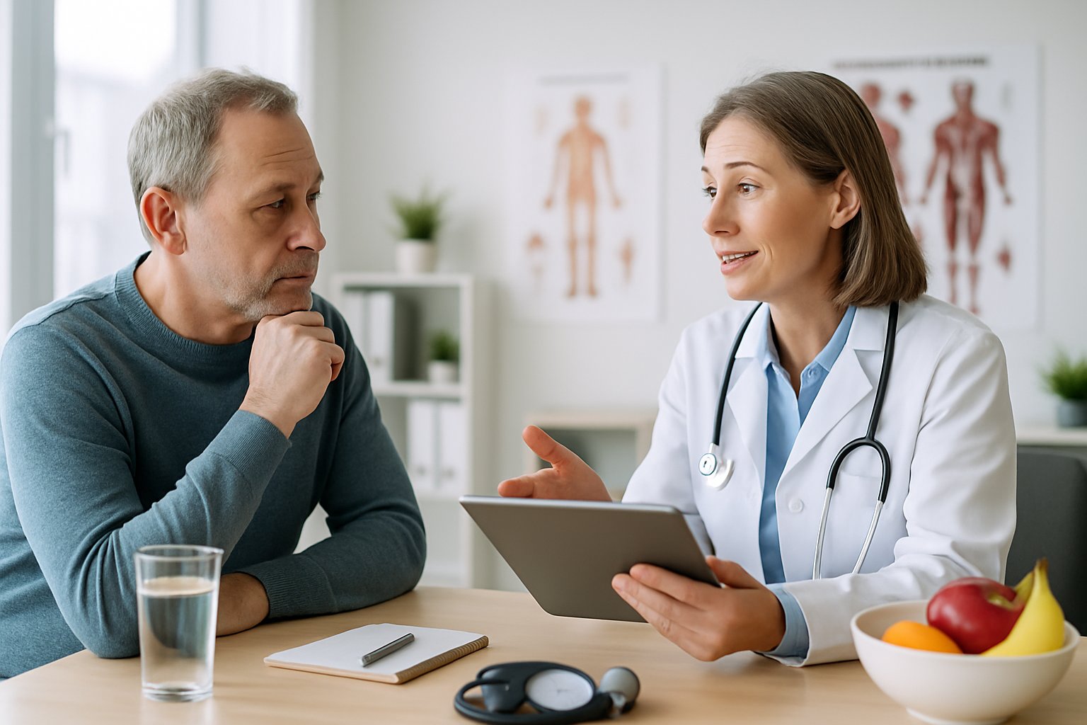 v2-1318d4-csaa7 - Preventive Medicine Daily A doctor and a patient having a supportive conversation in a bright medical office, with medical charts and healthy fruits on the desk.