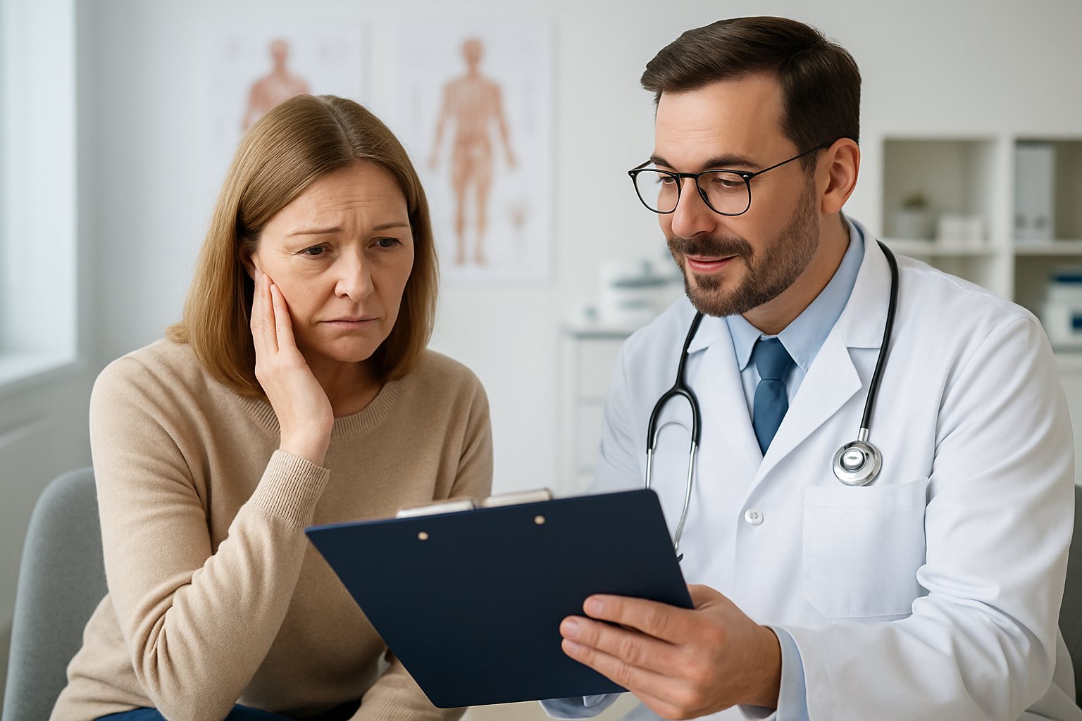 v2-1318dx-27x9t - Preventive Medicine Daily A woman consulting with a doctor in a medical office, looking concerned while the doctor explains something on a clipboard.