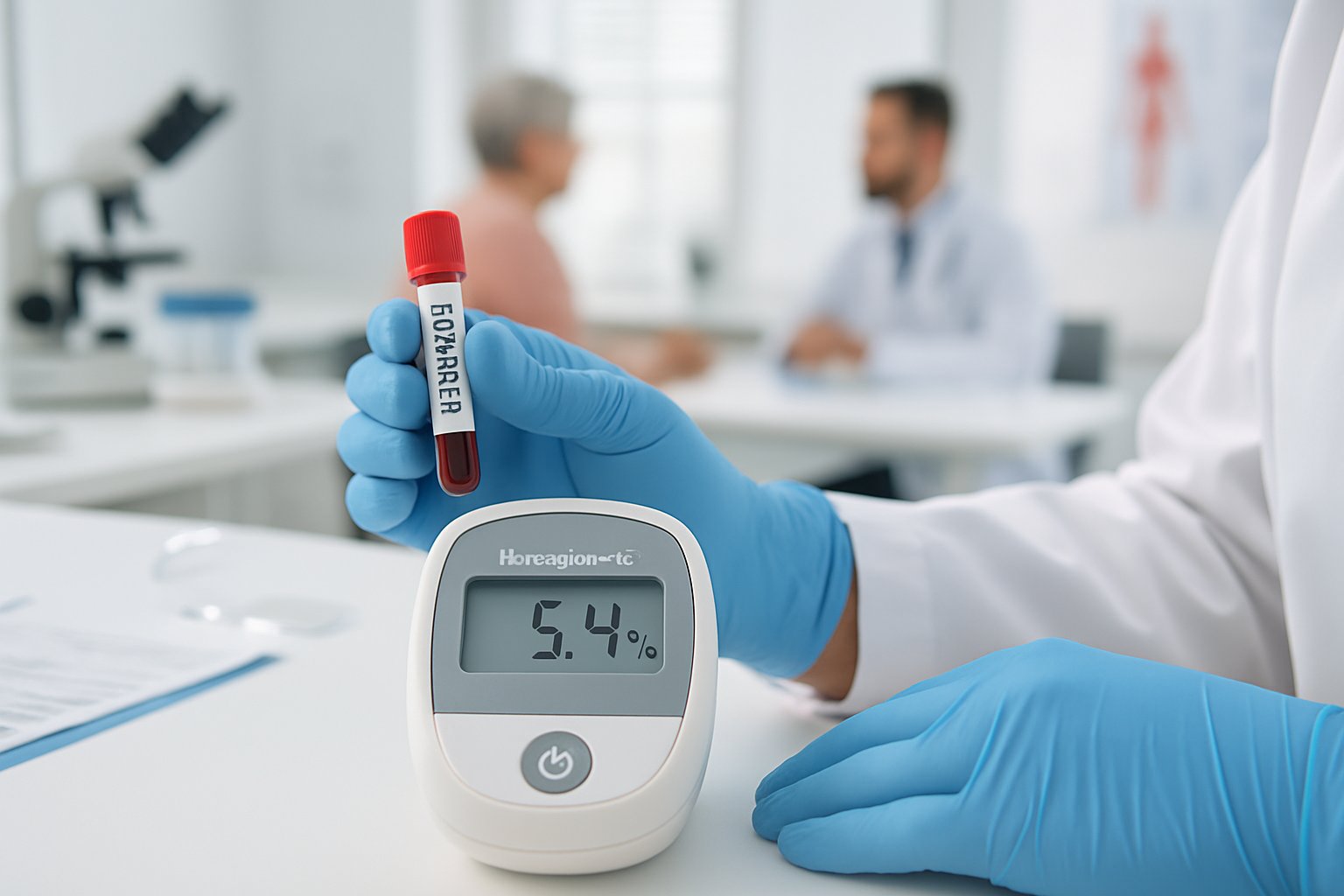 v2-131ae5-tprlf - Preventive Medicine Daily A healthcare professional holding a blood sample vial and a hemoglobin A1C testing device in a medical laboratory with a patient and doctor talking in the background.