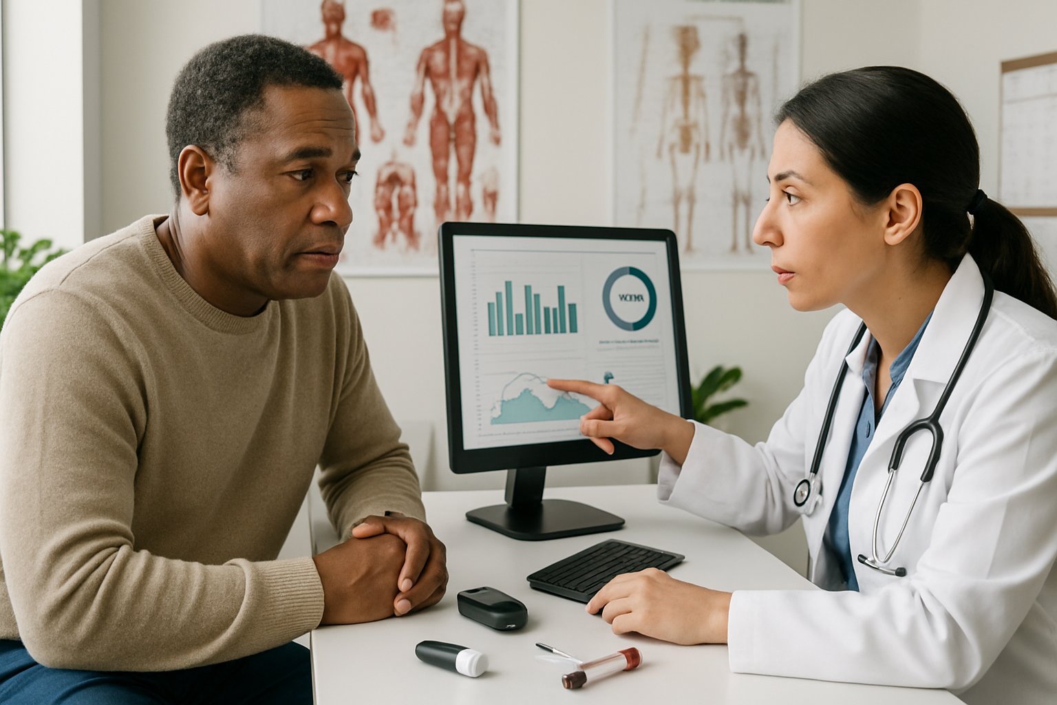 v2-131aey-hv1jo - Preventive Medicine Daily A healthcare professional discusses medical test results with a patient in a clinic office, with diabetes testing equipment visible on the desk.