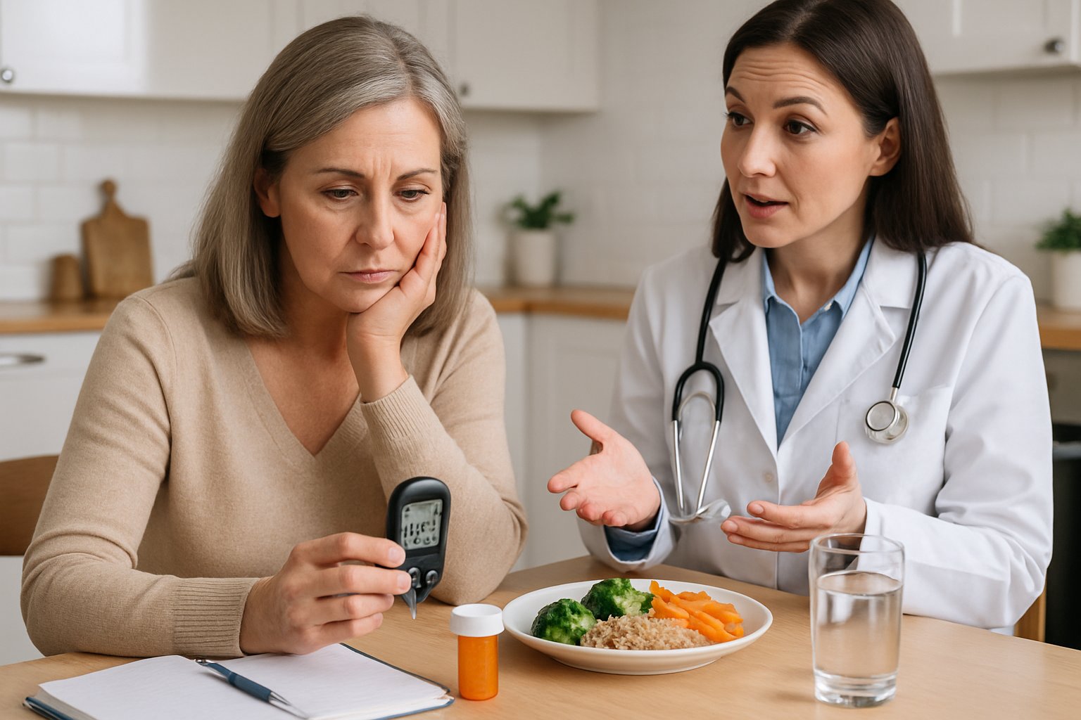 v2-131afx-w7h88 - Preventive Medicine Daily A woman at a kitchen table looking at a glucometer with a healthcare professional explaining something to her.