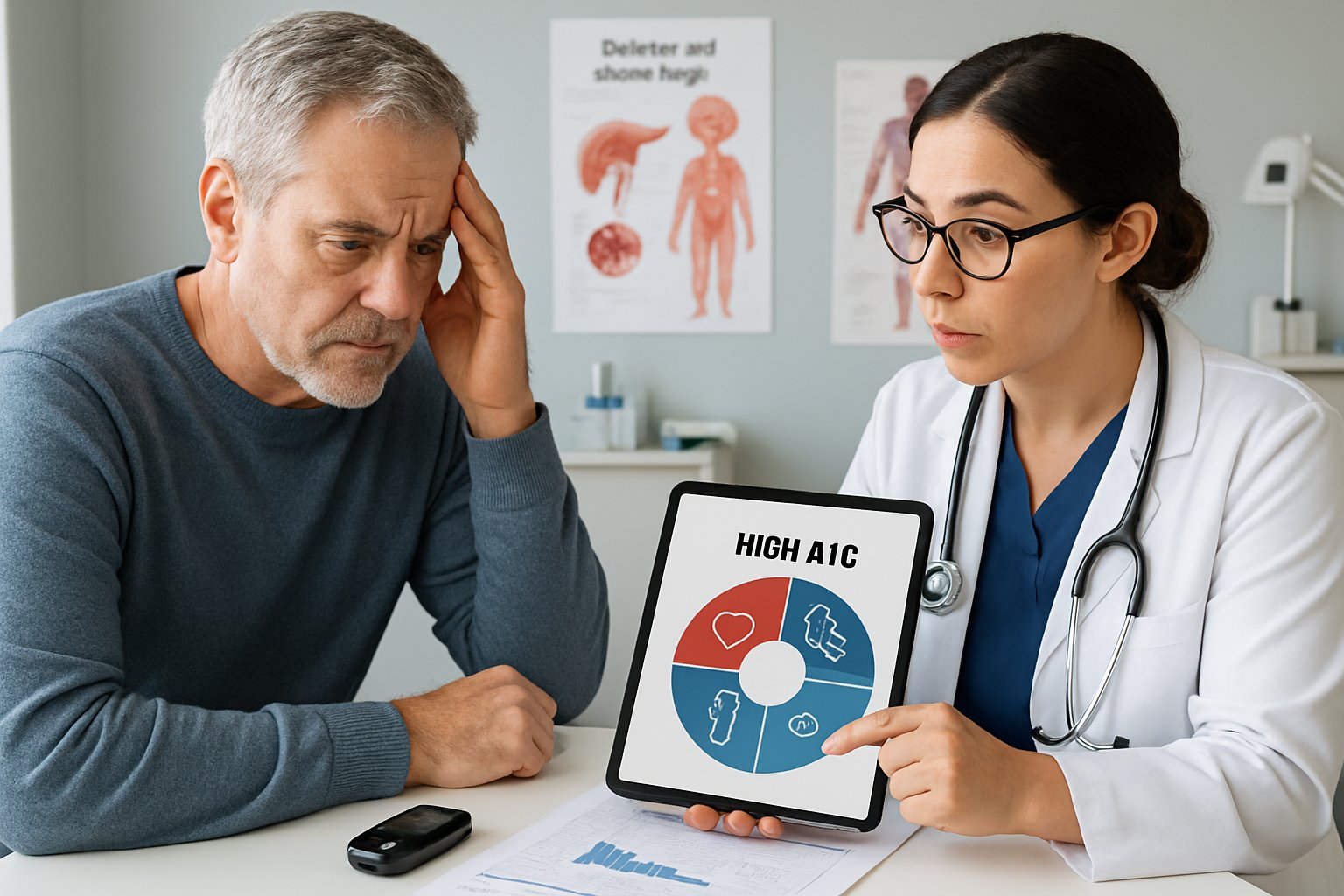 v2-131ago-6byd9 - Preventive Medicine Daily A middle-aged man talks with a healthcare professional in a medical office, reviewing test results related to diabetes.