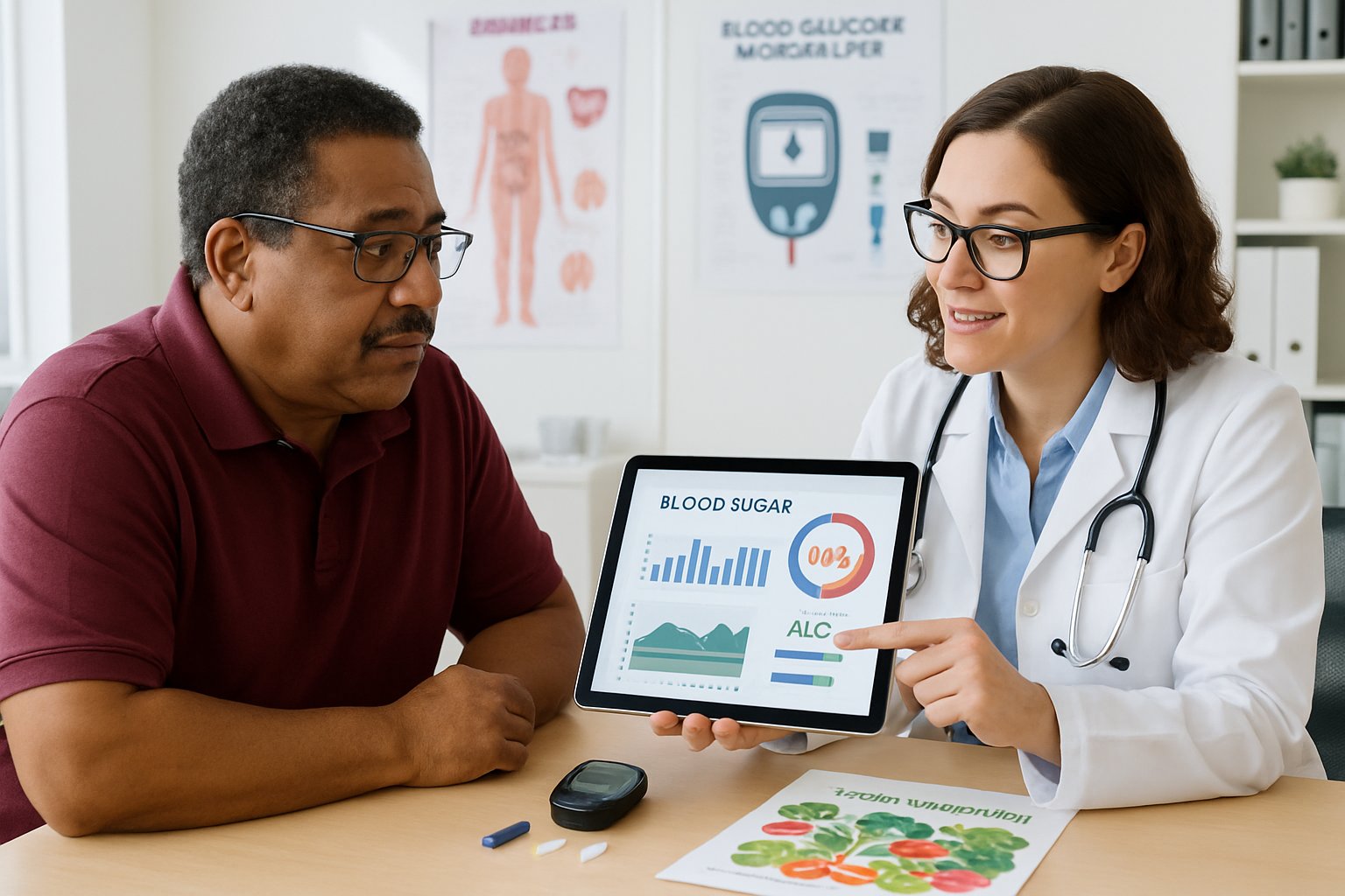 hemoglobin A1C high - Preventive Medicine Daily A doctor consulting with a patient in a medical office, discussing blood sugar management with medical tools and healthy food brochures on the desk.
