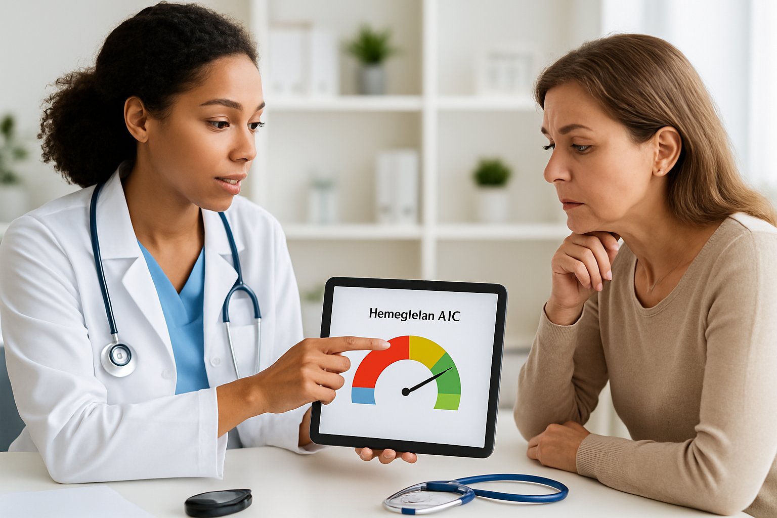 v2-131aj9-x71lx - Preventive Medicine Daily A healthcare professional discussing hemoglobin A1C levels with a patient in a medical office, using a tablet to show a chart.