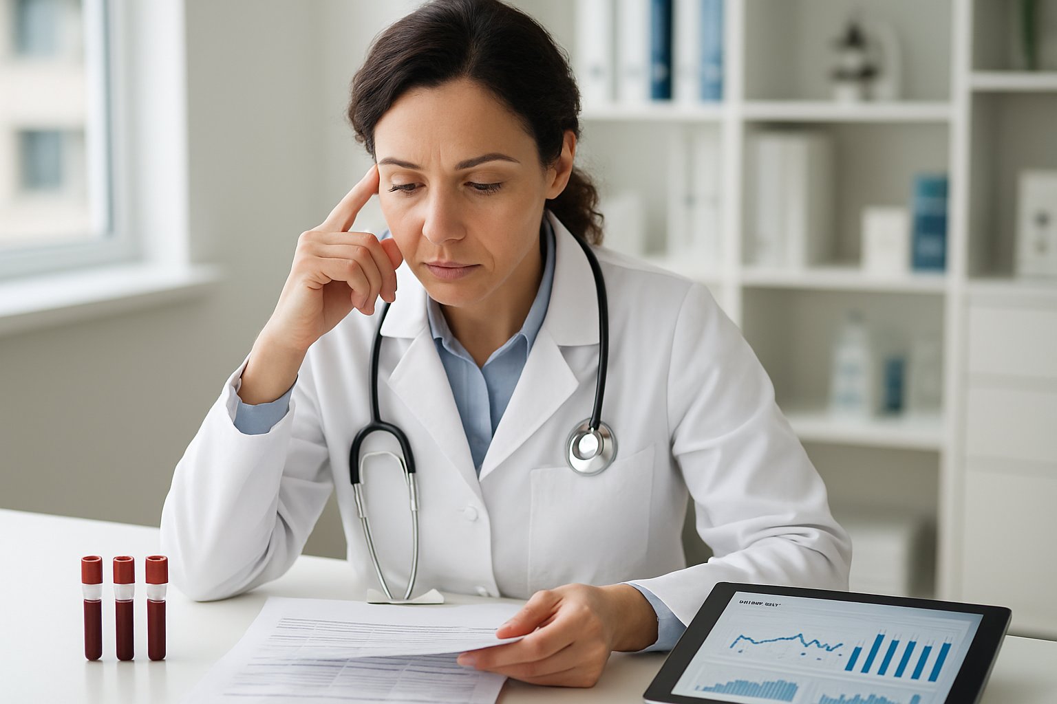 v2-131ajz-3w6od - Preventive Medicine Daily A healthcare professional in a white coat reviewing medical charts and blood test vials in a modern clinic.