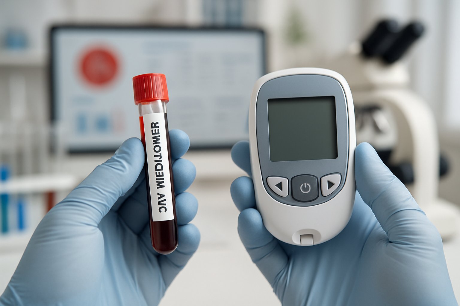 v2-131av9-qz68u - Preventive Medicine Daily Close-up of a healthcare professional holding a blood vial and a blood glucose meter in a laboratory setting.