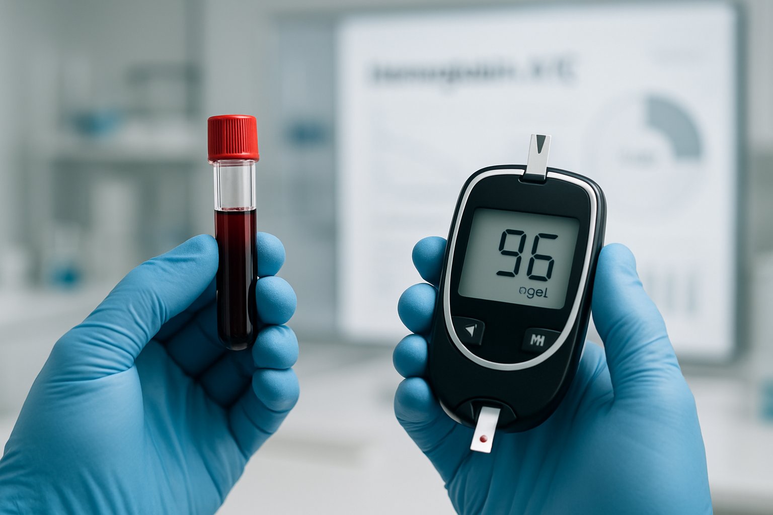 v2-131aw7-69orc - Preventive Medicine Daily Close-up of a healthcare professional's gloved hands holding a blood sample vial and a digital glucose meter in a medical laboratory.