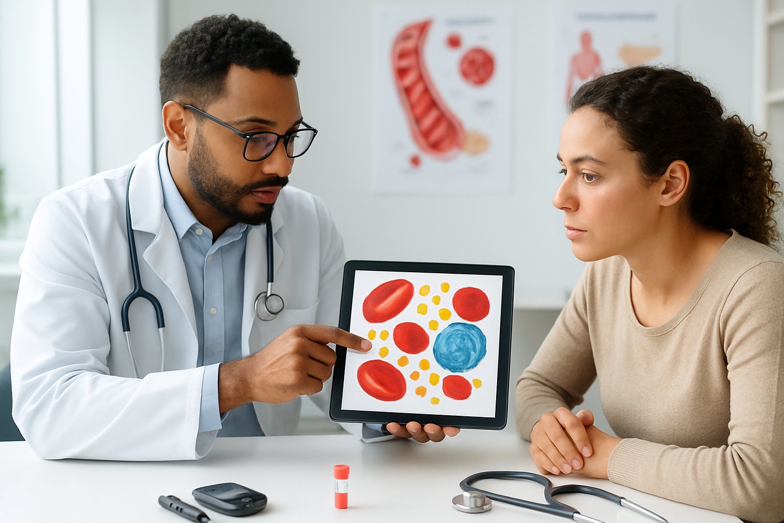 v2-131ax2-hcrmo - Preventive Medicine Daily A doctor and patient in a medical office reviewing a digital tablet showing blood cells and glucose molecules, with medical tools on the desk.