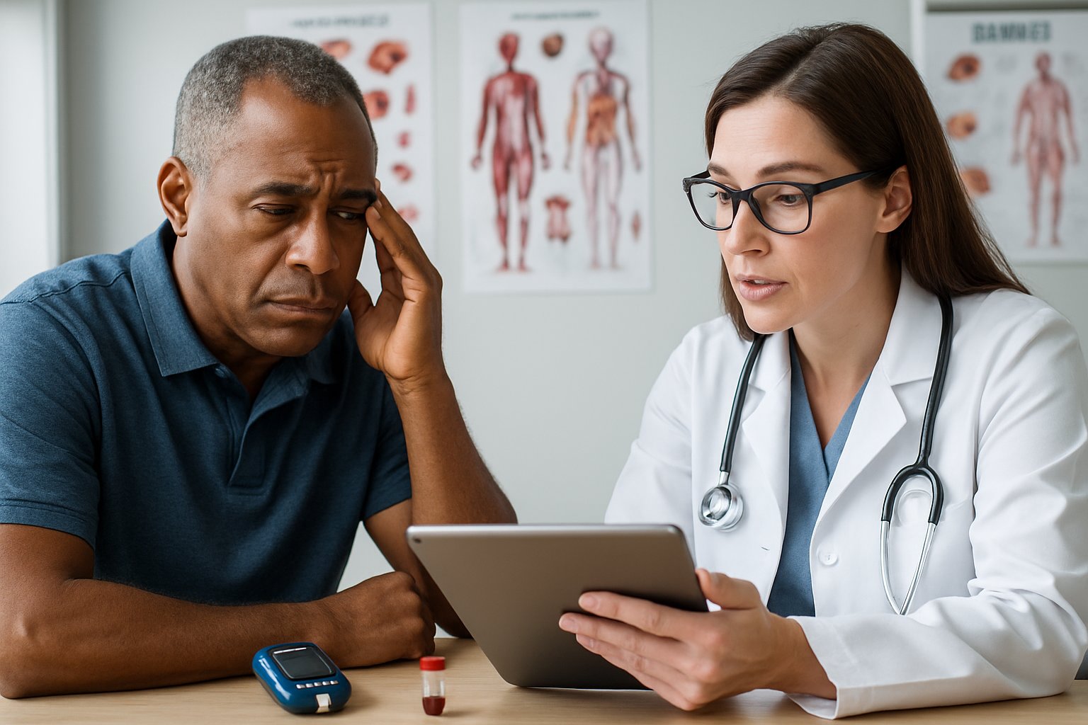 v2-131azi-wqv0b - Preventive Medicine Daily A middle-aged adult in a medical clinic discussing blood test results with a healthcare professional.